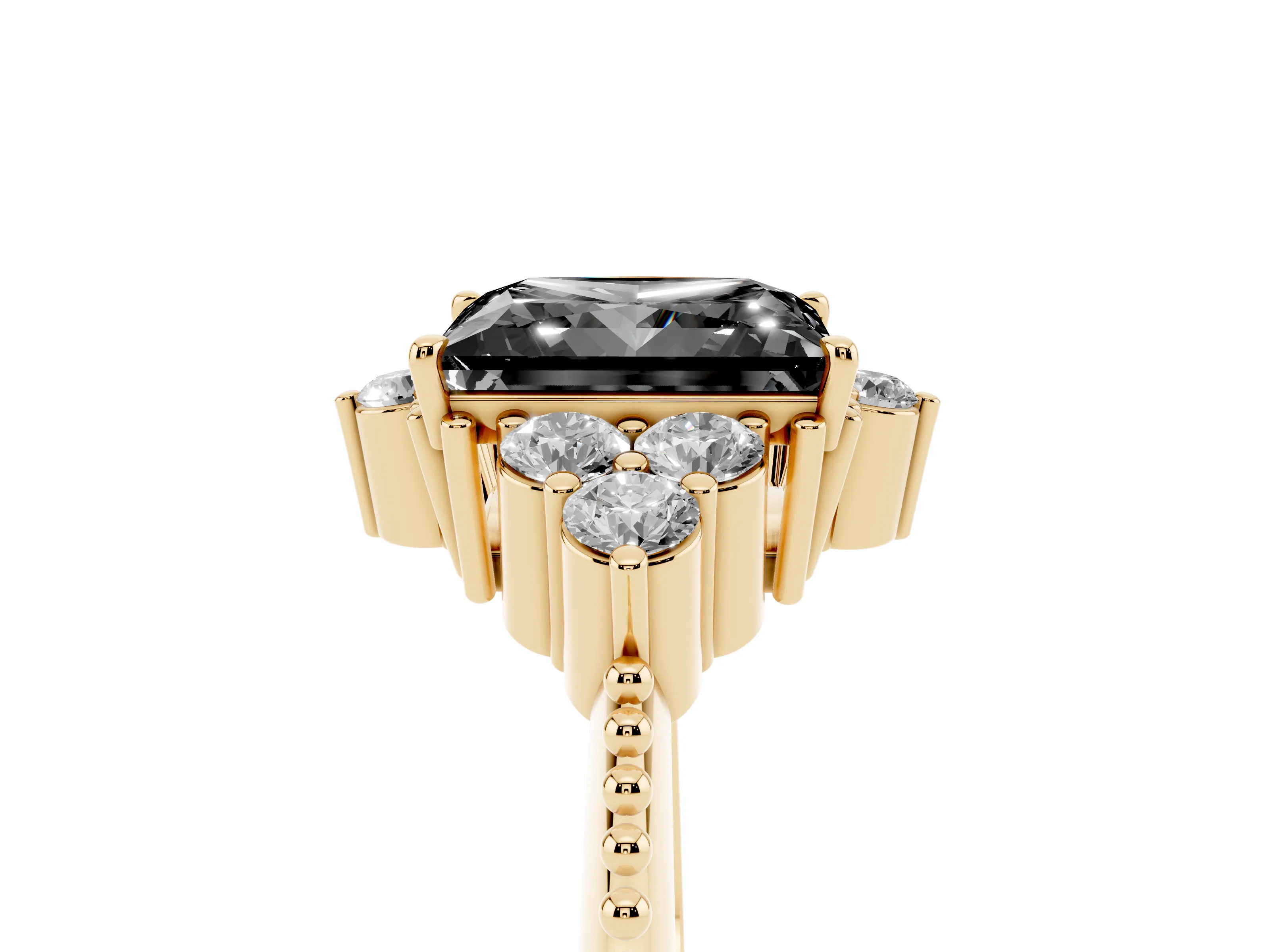 Fancy Black Princess Cut Diamond Cluster Ring Set in Yellow gold with Beaded Band