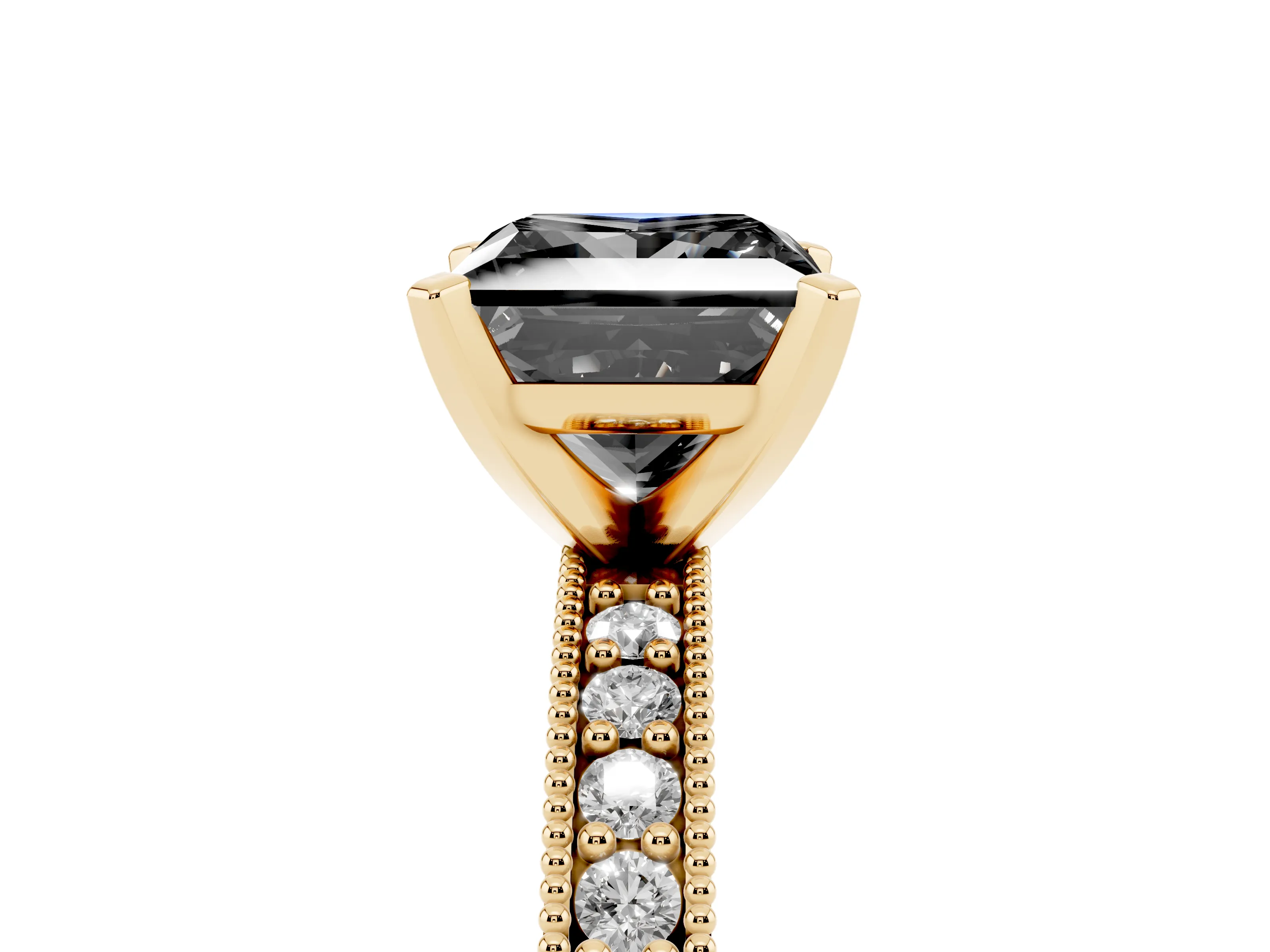 Fancy Black Princess Cut Diamond Milgrain Pavé Engagement Ring Set in Yellow gold with Prong Setting