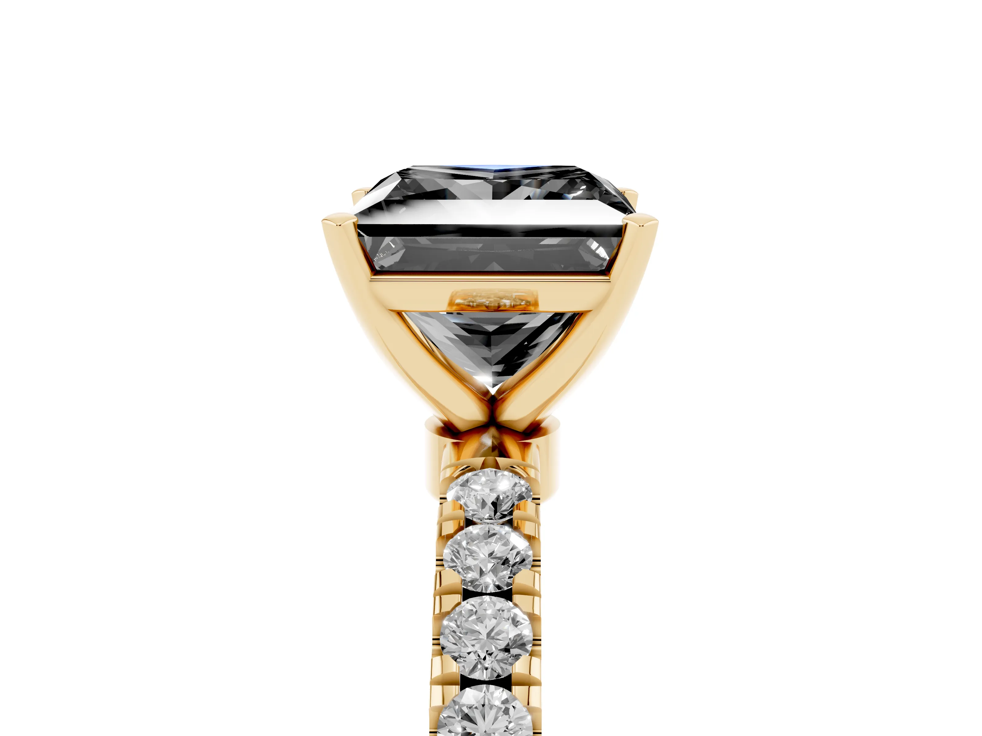 Fancy Black Princess Cut Diamond Solitaire Ring Set in Yellow gold with Pavé Accents and Prong Setting
