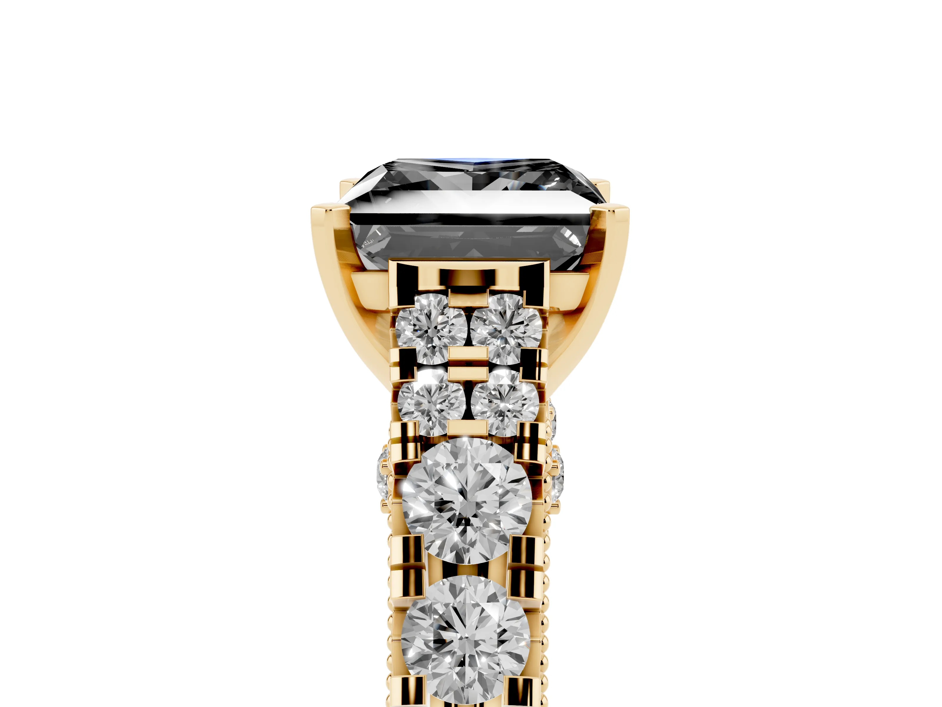 Fancy Black Princess Cut Diamond Classic Solitaire Ring Set in Yellow gold with Pavé Band and Prong Setting