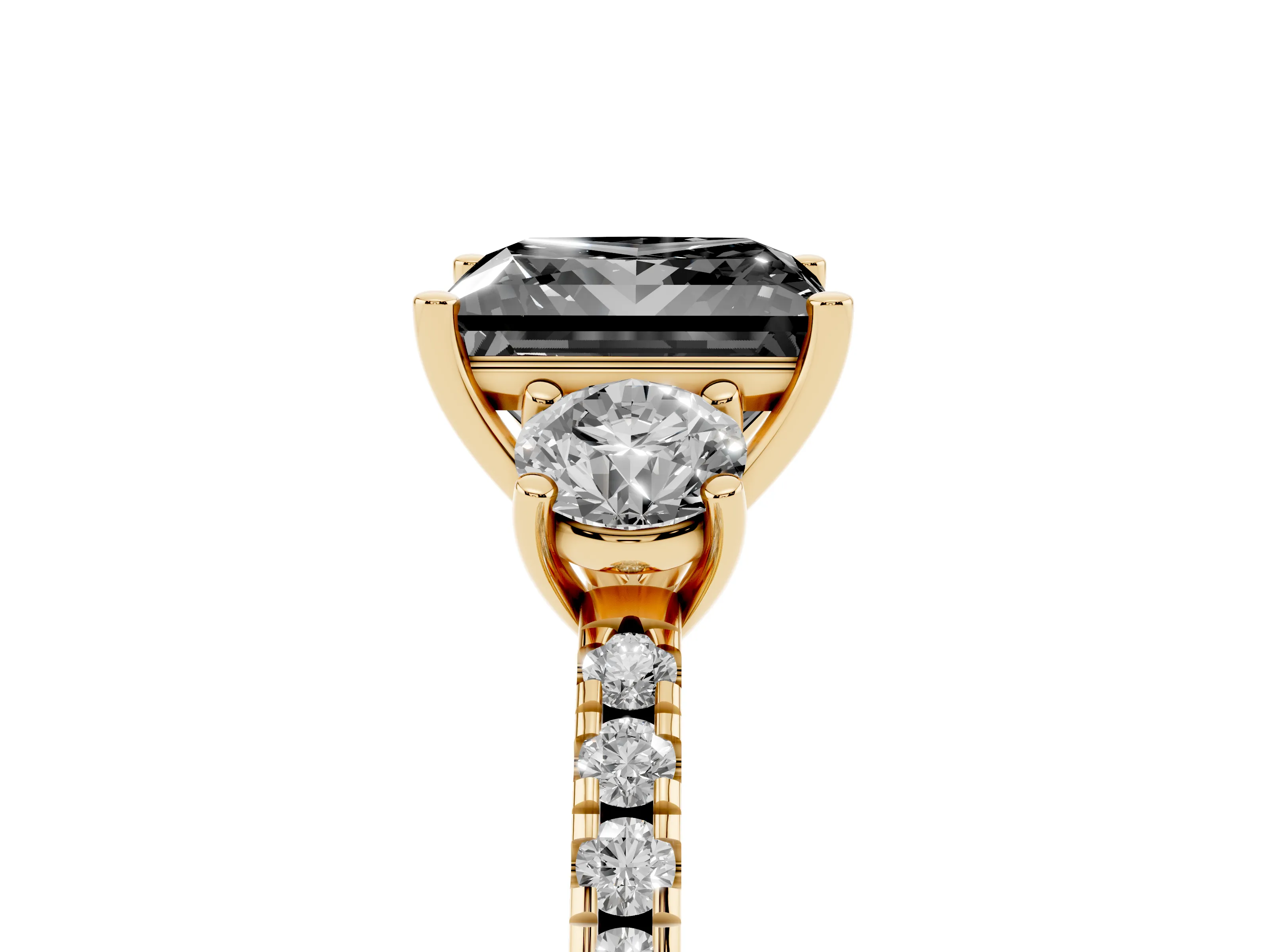 Fancy Black Princess Cut Diamond Three-Stone Ring Set in Yellow gold with Pavé Band and Graduated Sides