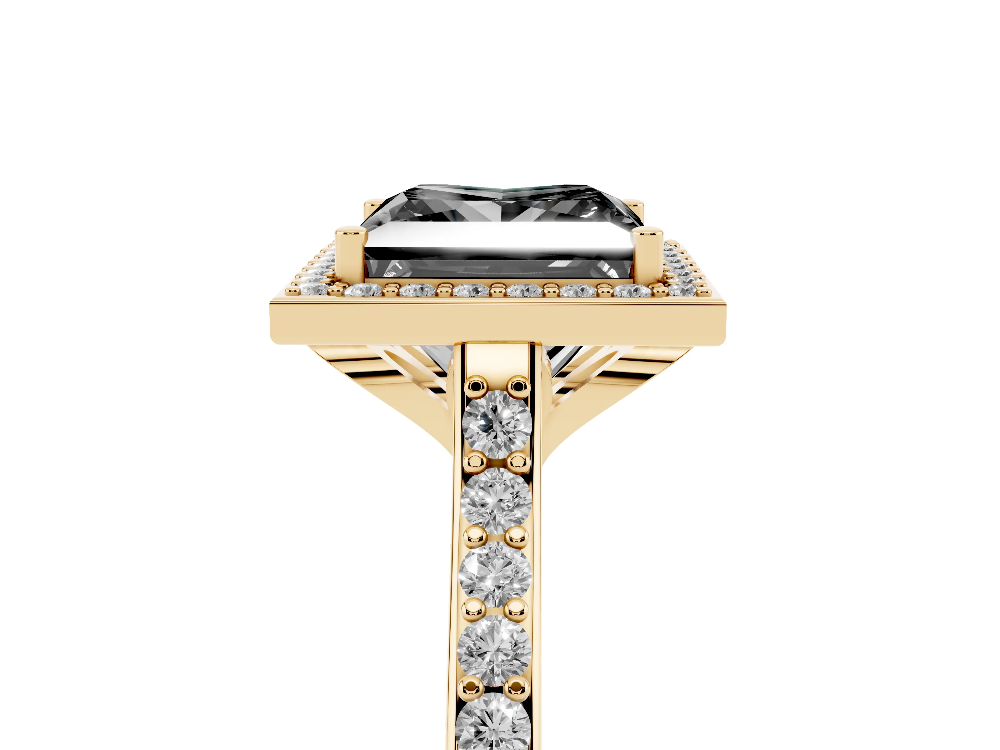 Fancy Black Princess Cut Diamond Halo Engagement Ring Set in Yellow gold with Round Pavé Shoulders and Heart Gallery