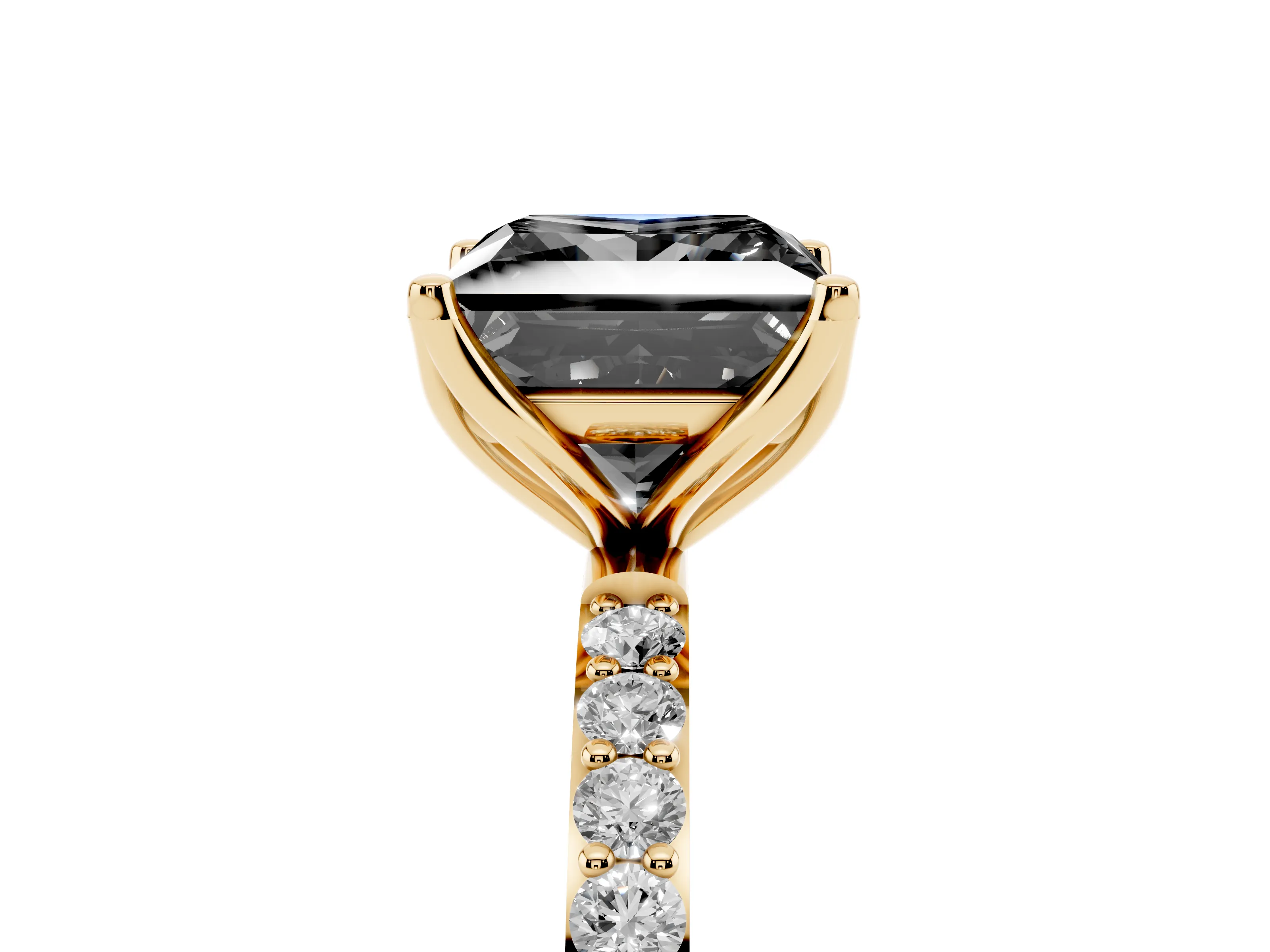 Fancy Black Princess Cut Diamond Solitaire Engagement Ring Set in Yellow gold with Round Pavé Band and Prong Setting