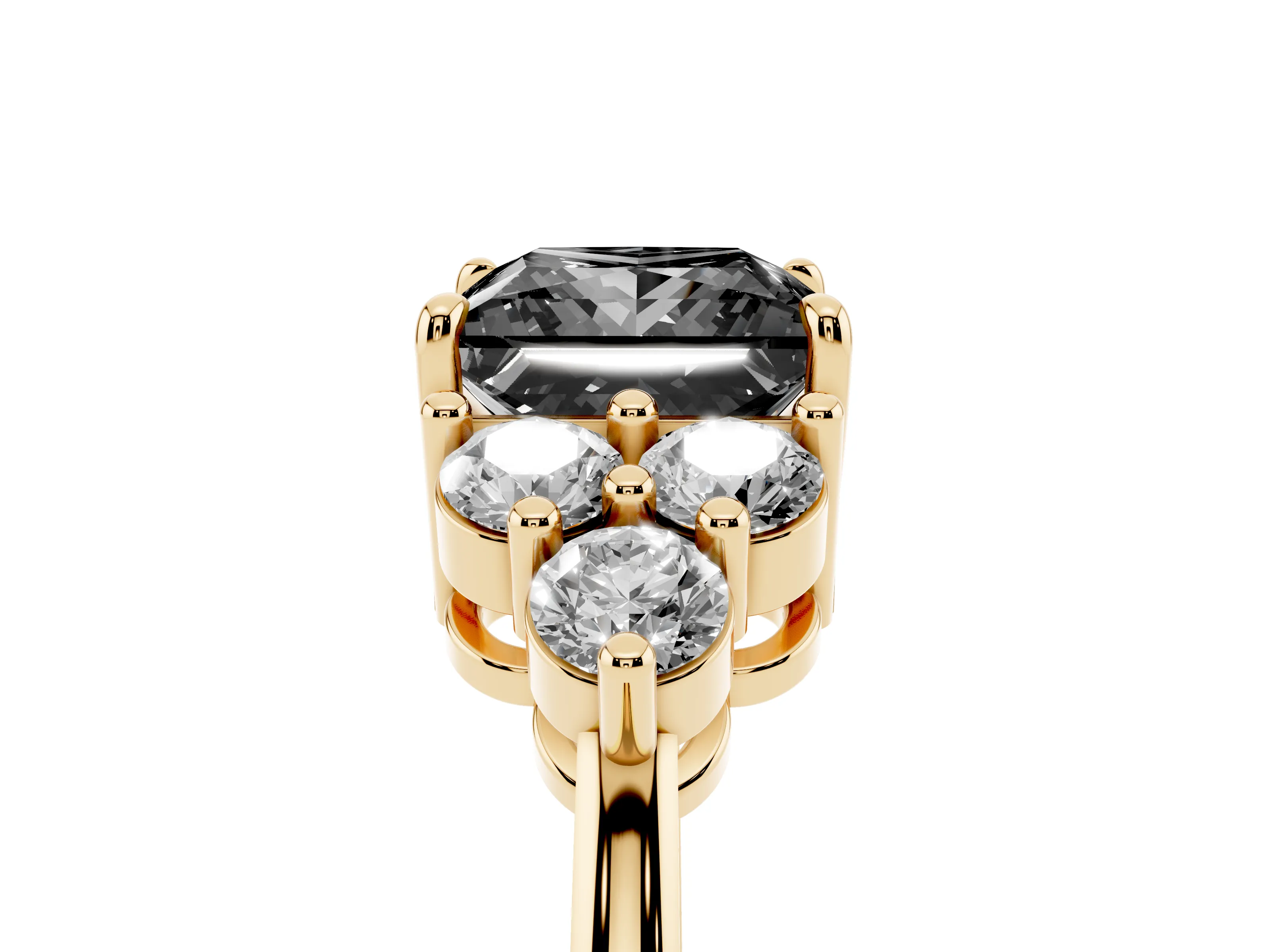 Fancy Black Princess Cut Diamond Solitaire Ring Set in Yellow gold with Cluster Accents on Each Side