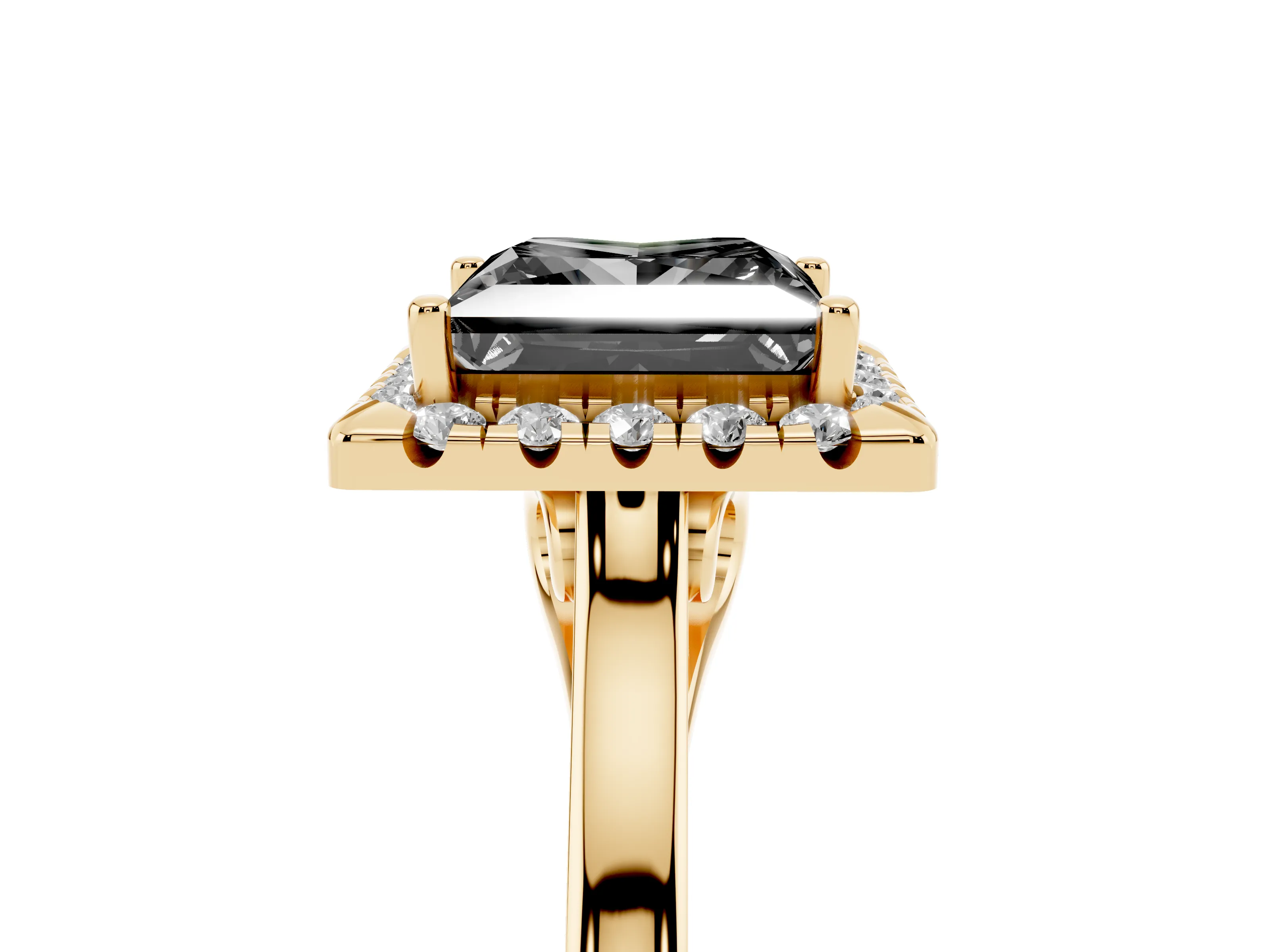 Fancy Black Princess Cut Halo Round Diamond Solitaire Ring Set in Yellow gold with Pavé Band and Prong Setting