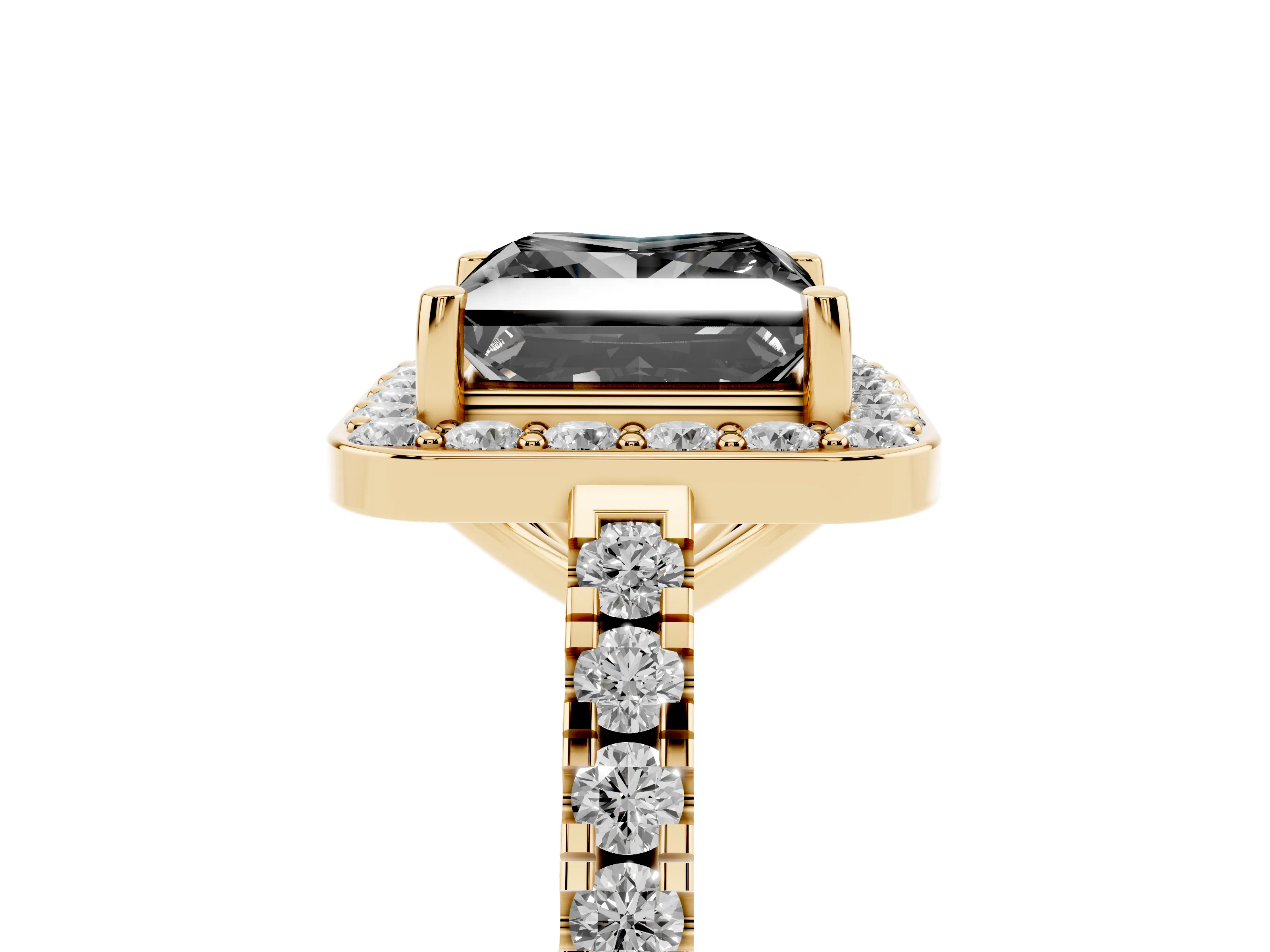 Fancy Black Princess Cut Diamond Halo Ring Set in Yellow gold with Round Pavé Split Shank and Prong Setting