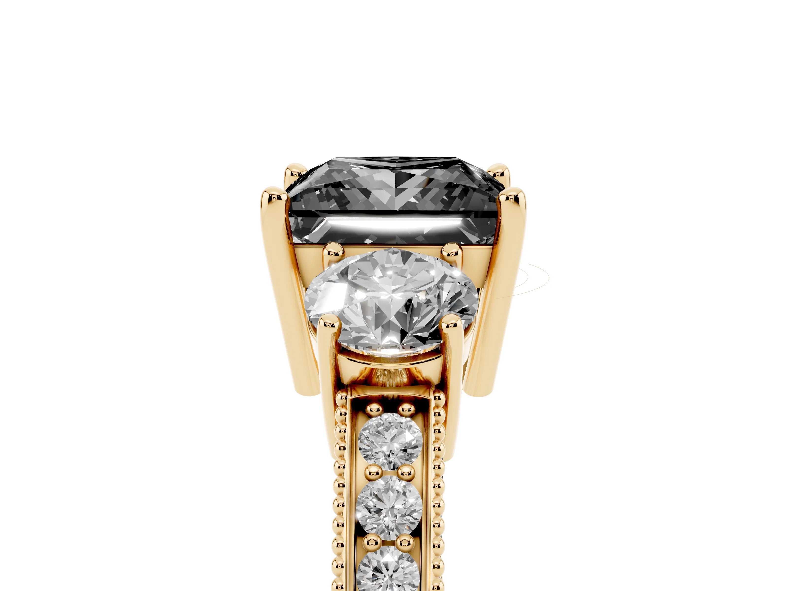 Fancy Black Princess Cut Diamond Three-Stone Ring Set in Yellow gold with Round Side Stones and Pavé Band