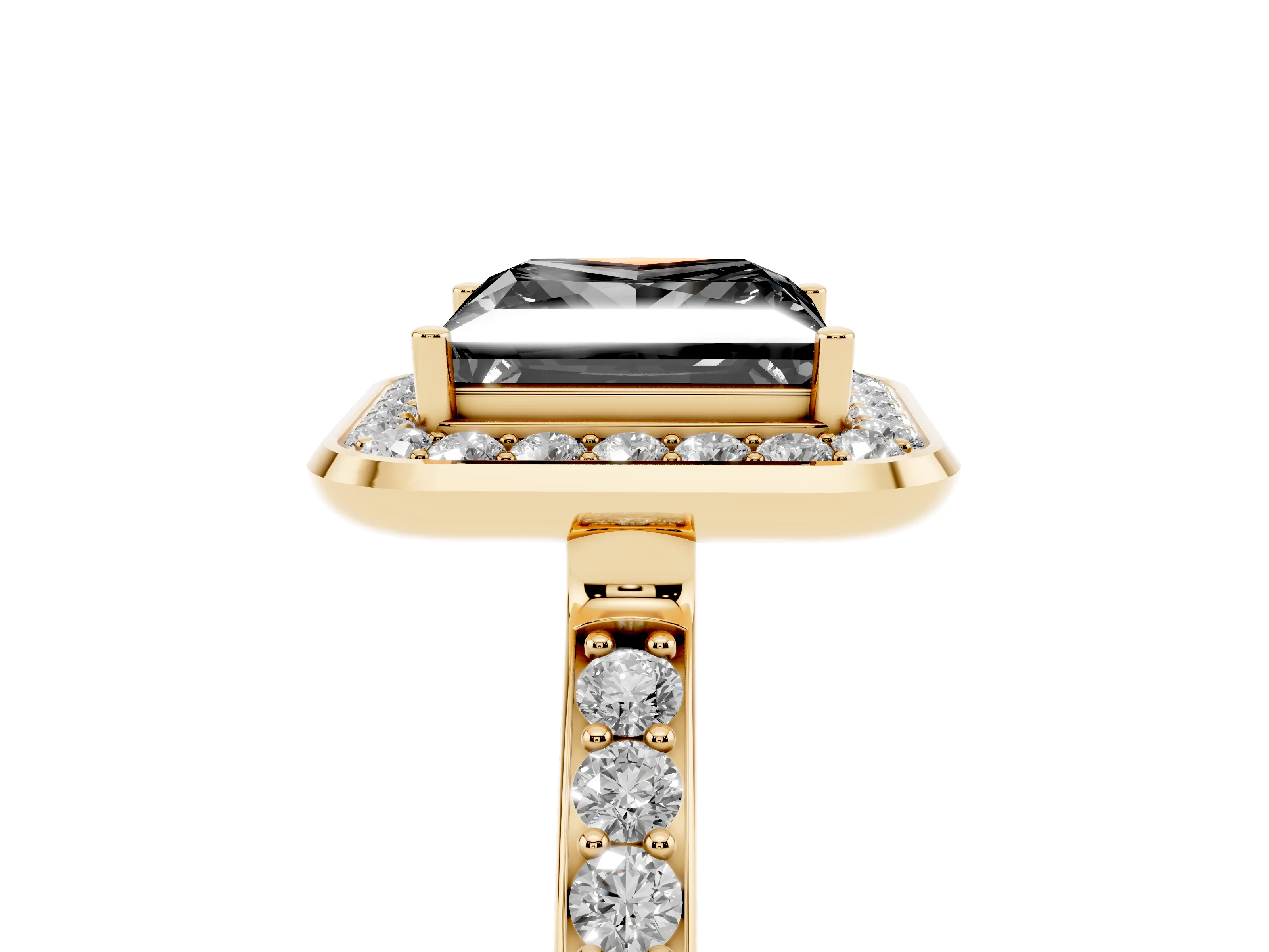 Fancy Black Princess Cut Diamond Halo Ring Set in Yellow gold with Bezel Frame and Pavé Band