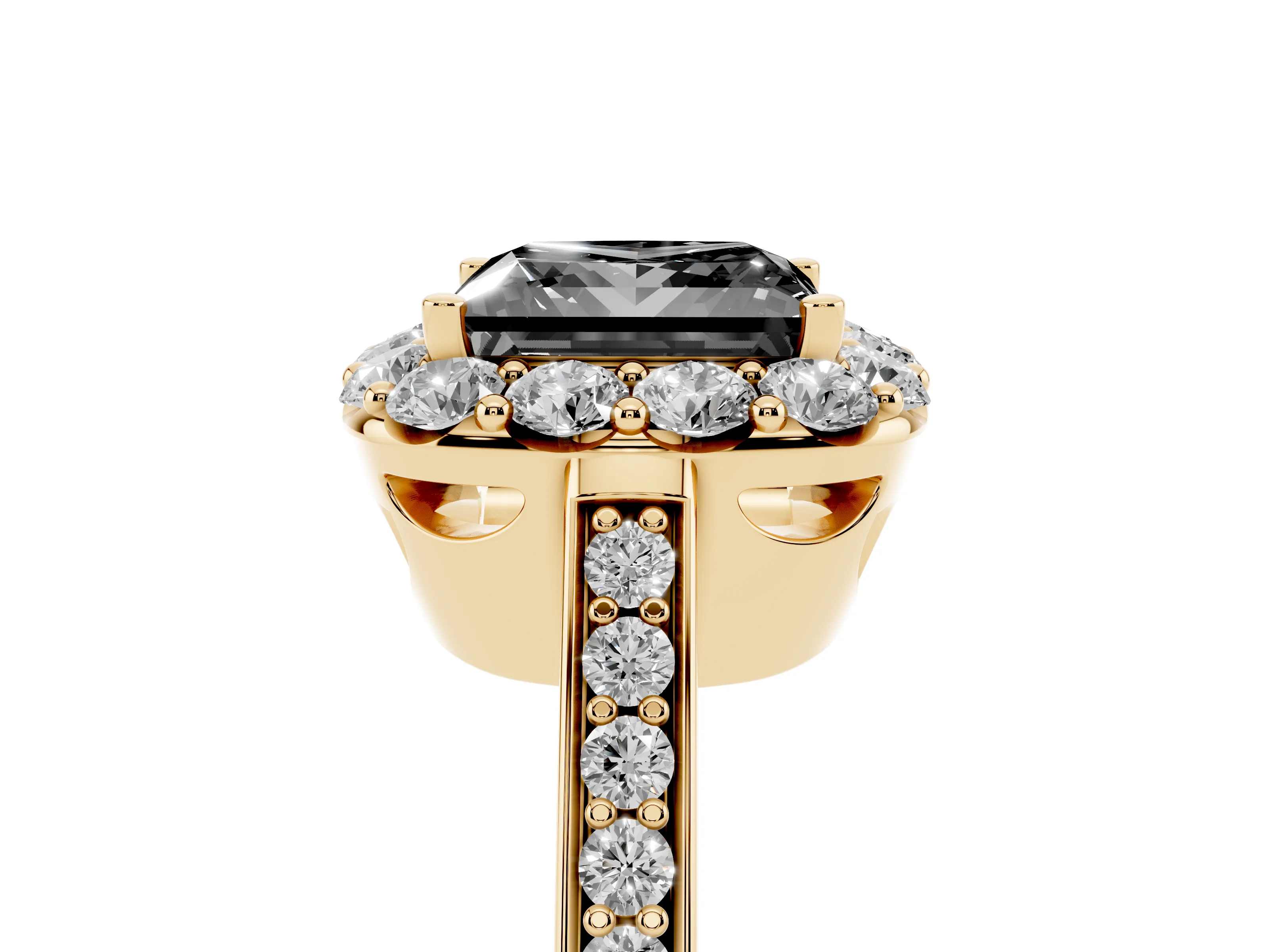Fancy Black Princess Cut Diamond Floral Halo Ring Set in Yellow gold with Pavé Band and Prong Setting