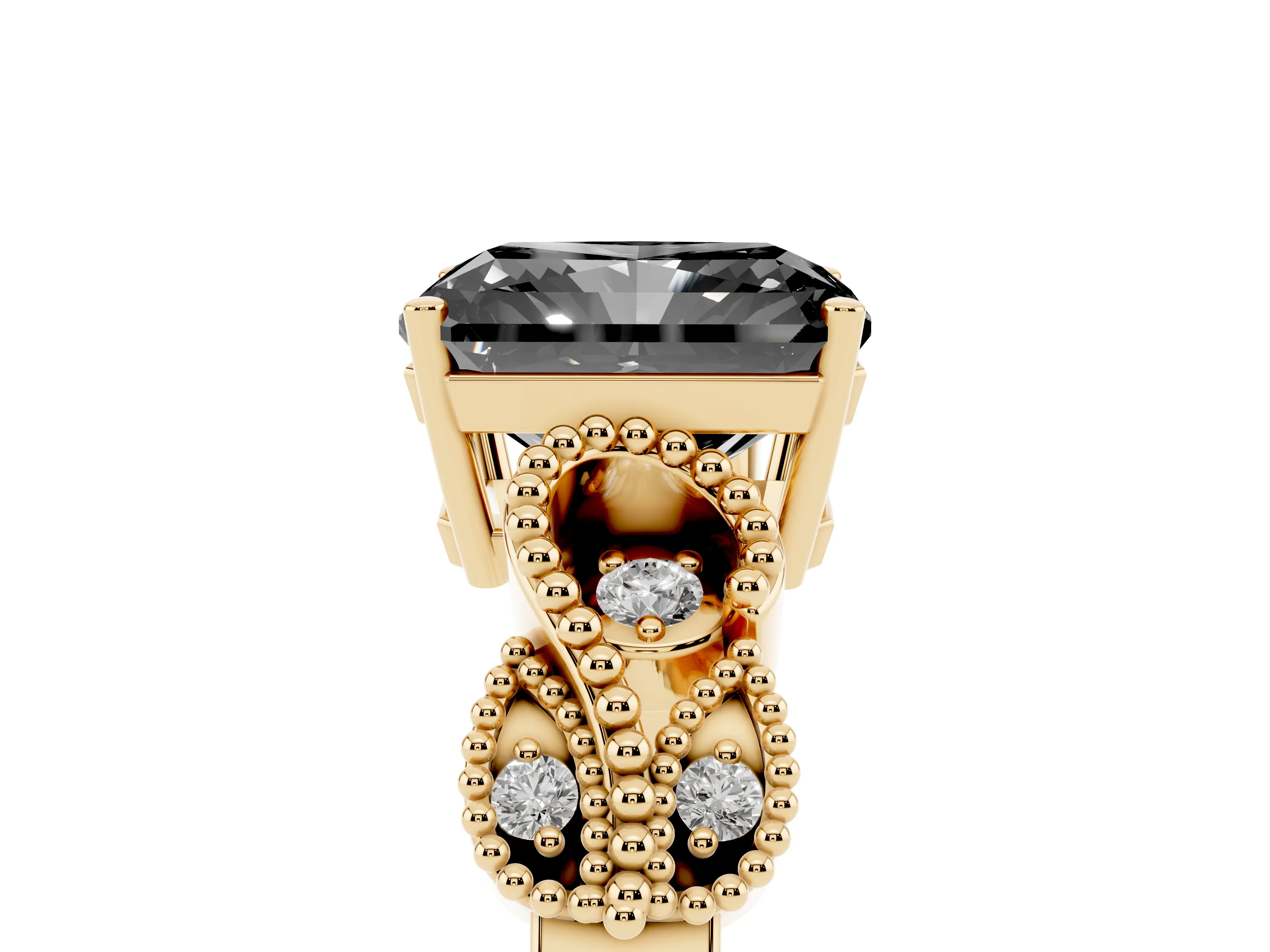 Fancy Black Princess Cut Diamond Milgrain Leaf Band Solitaire Ring Set in Yellow gold with Accent Stones and Prong Setting
