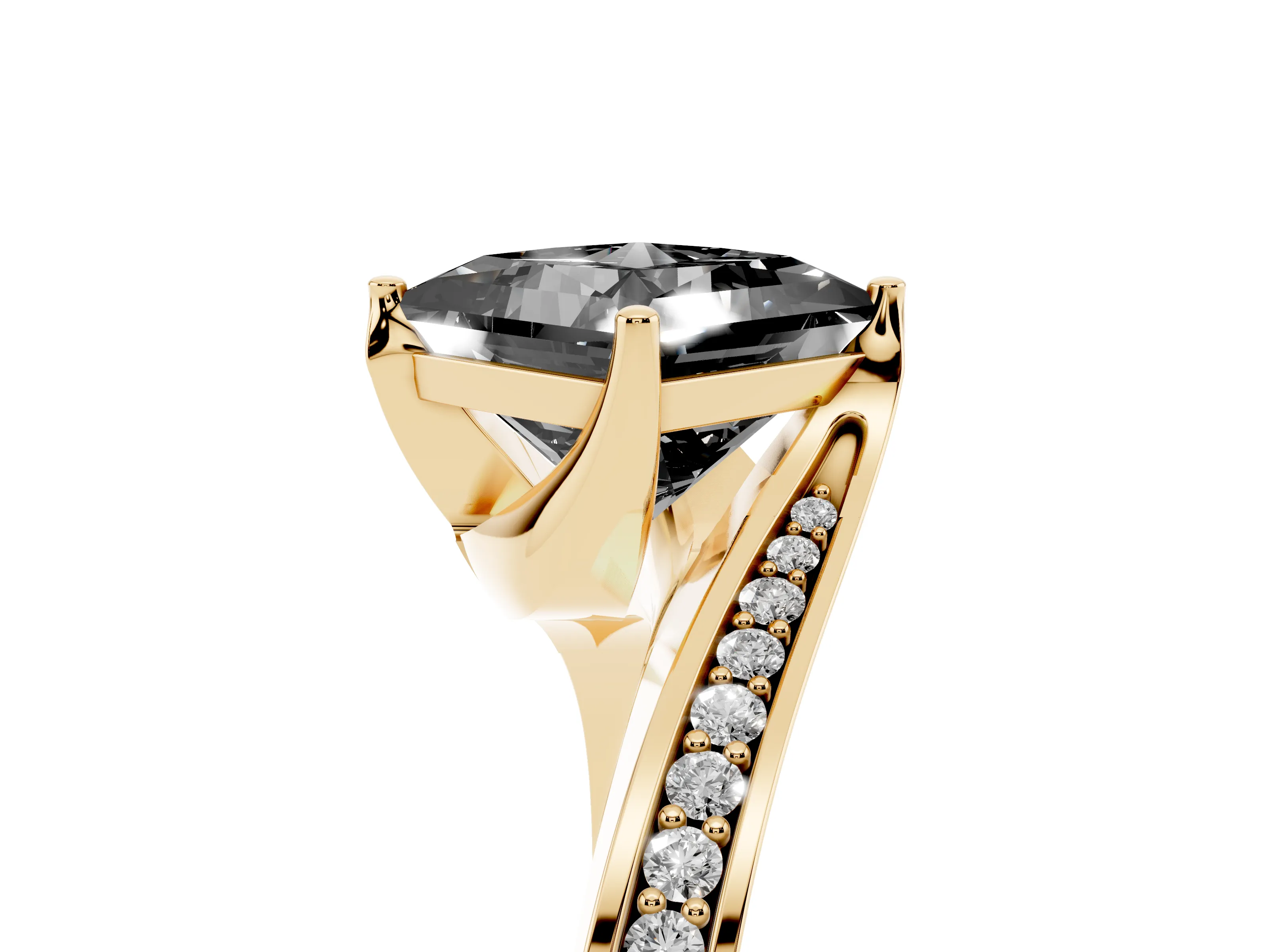 Fancy Black Princess Cut Diamond Solitaire Ring Set in Yellow gold with Intertwined Pavé Twist Band