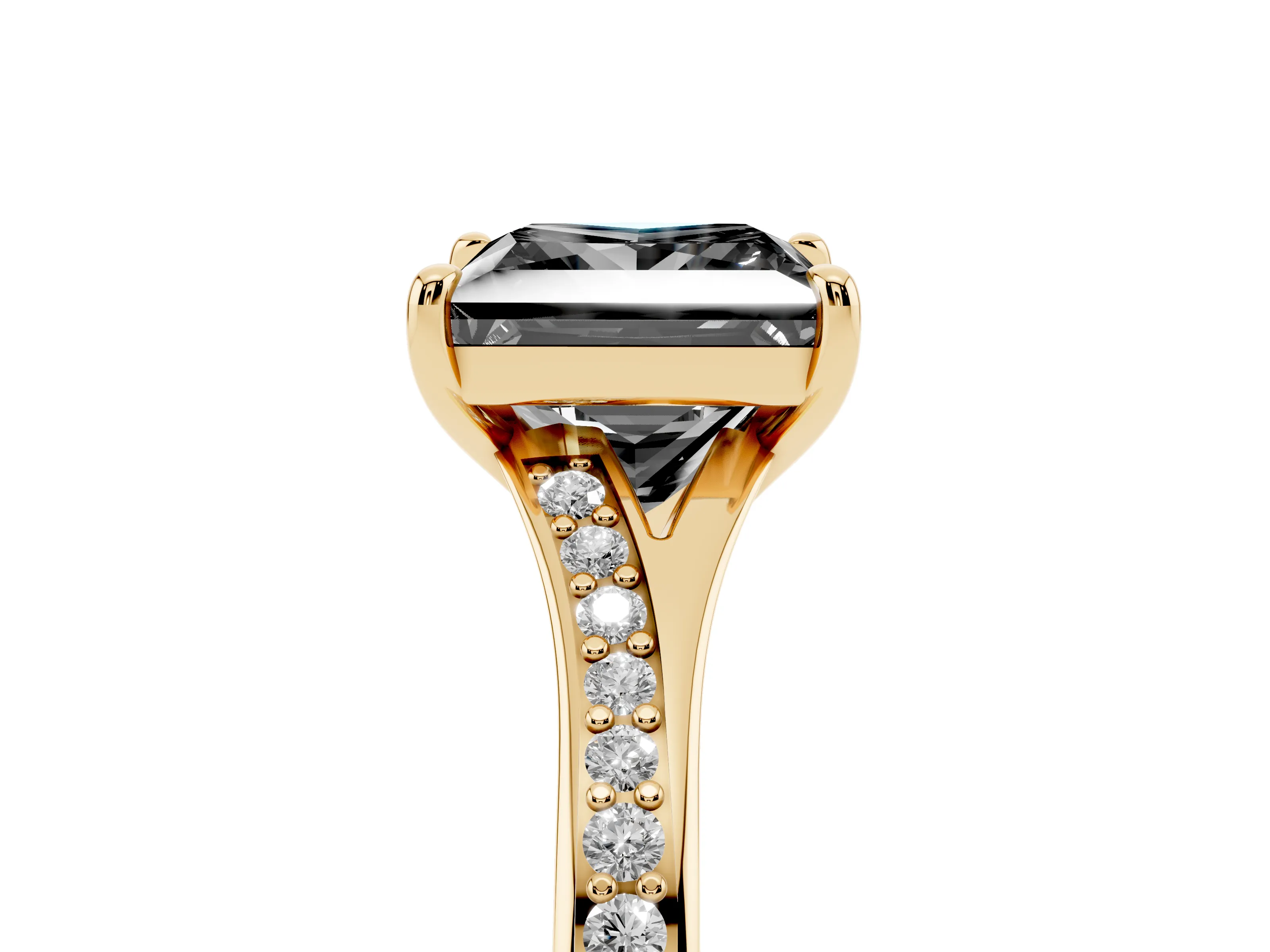 Fancy Black Princess Cut Diamond Solitaire Ring Set in Yellow gold with Pavé Accent Band and Classic Prong Setting