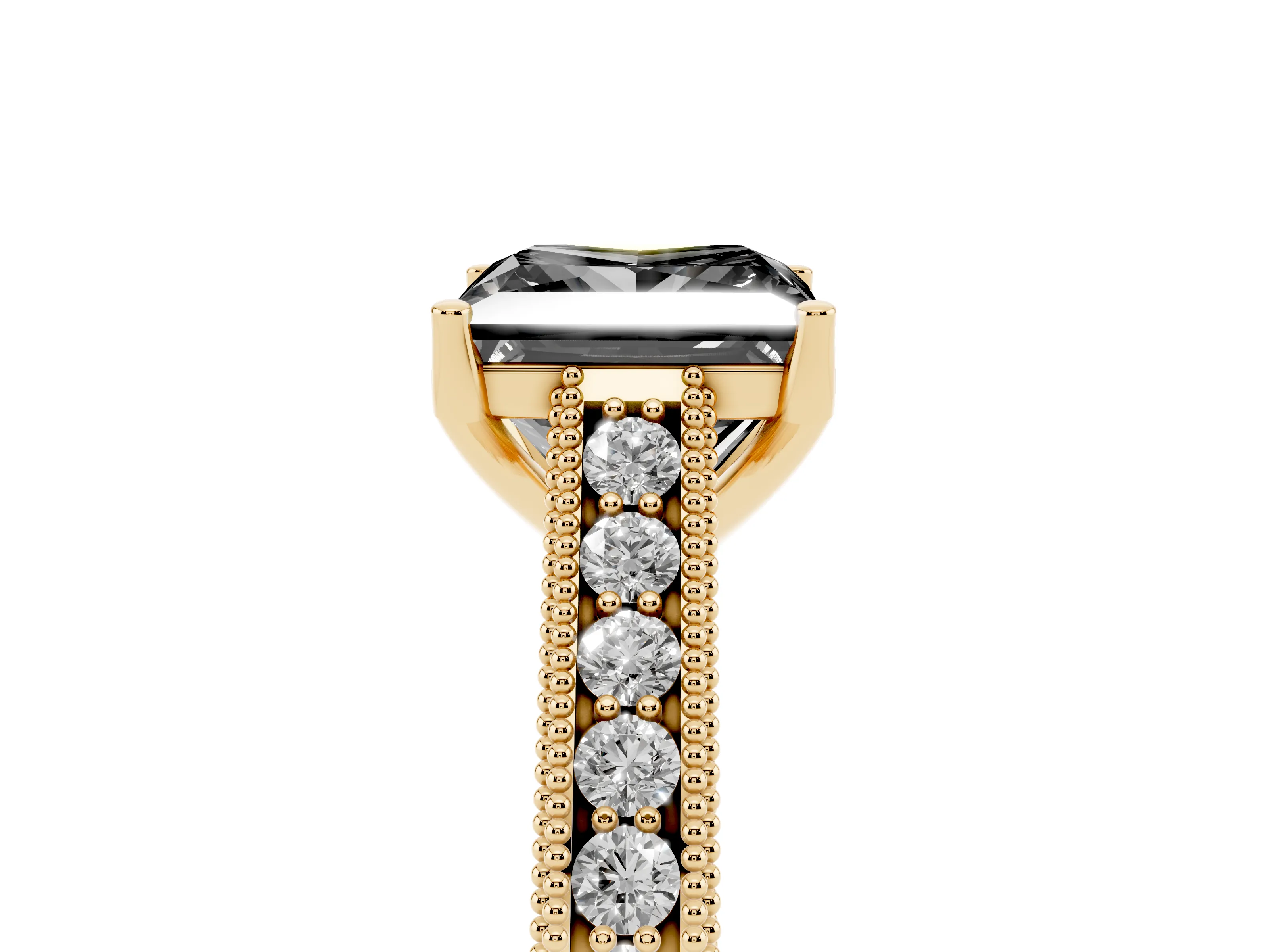 Fancy Black Princess Cut Diamond Milgrain Pavé Band Solitaire Ring Set in Yellow gold with Prong Setting