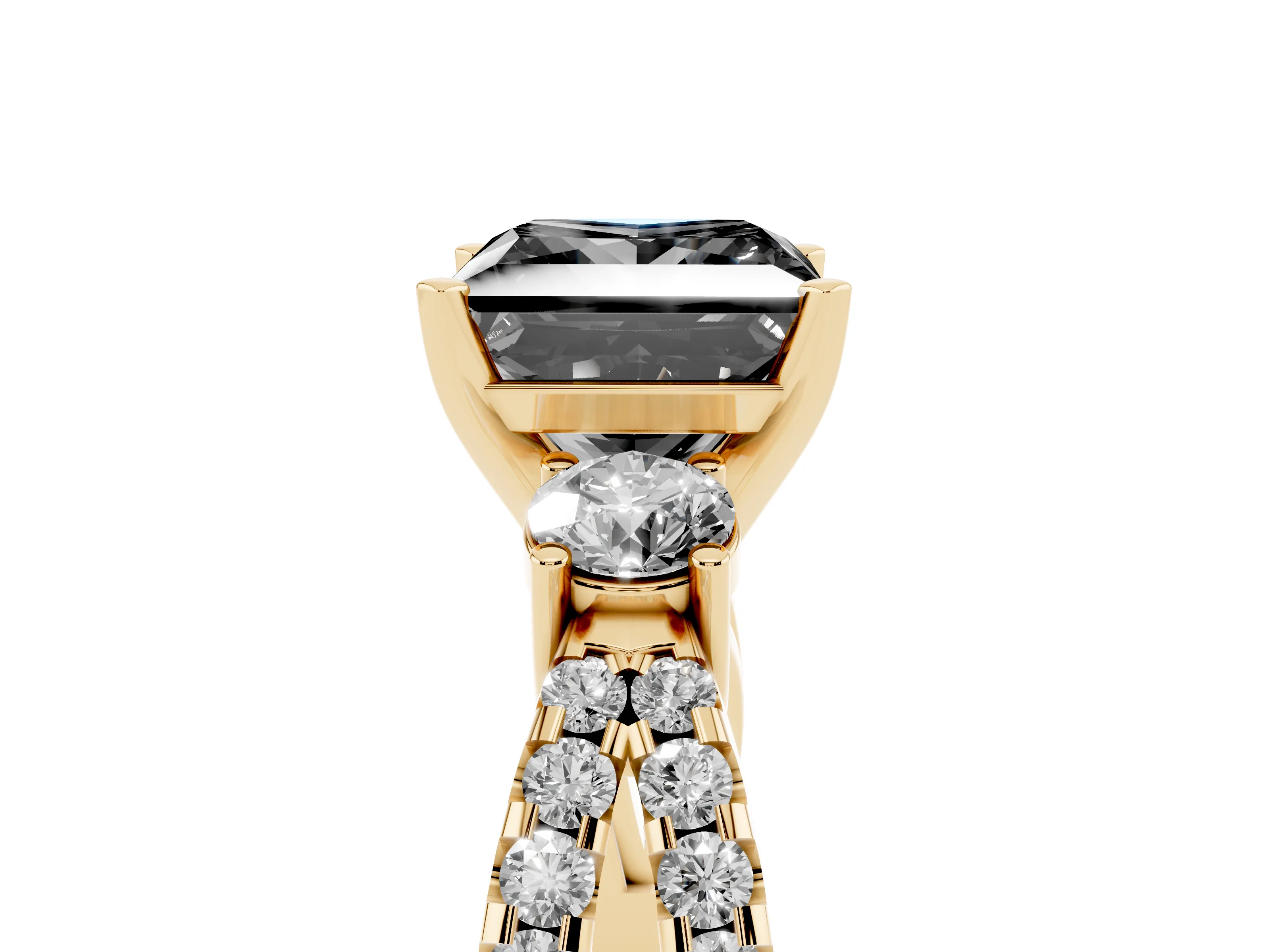 Fancy Black Princess Cut Diamond Three-Stone Ring Set in Yellow gold with Pavé Split Shank and Prong Setting