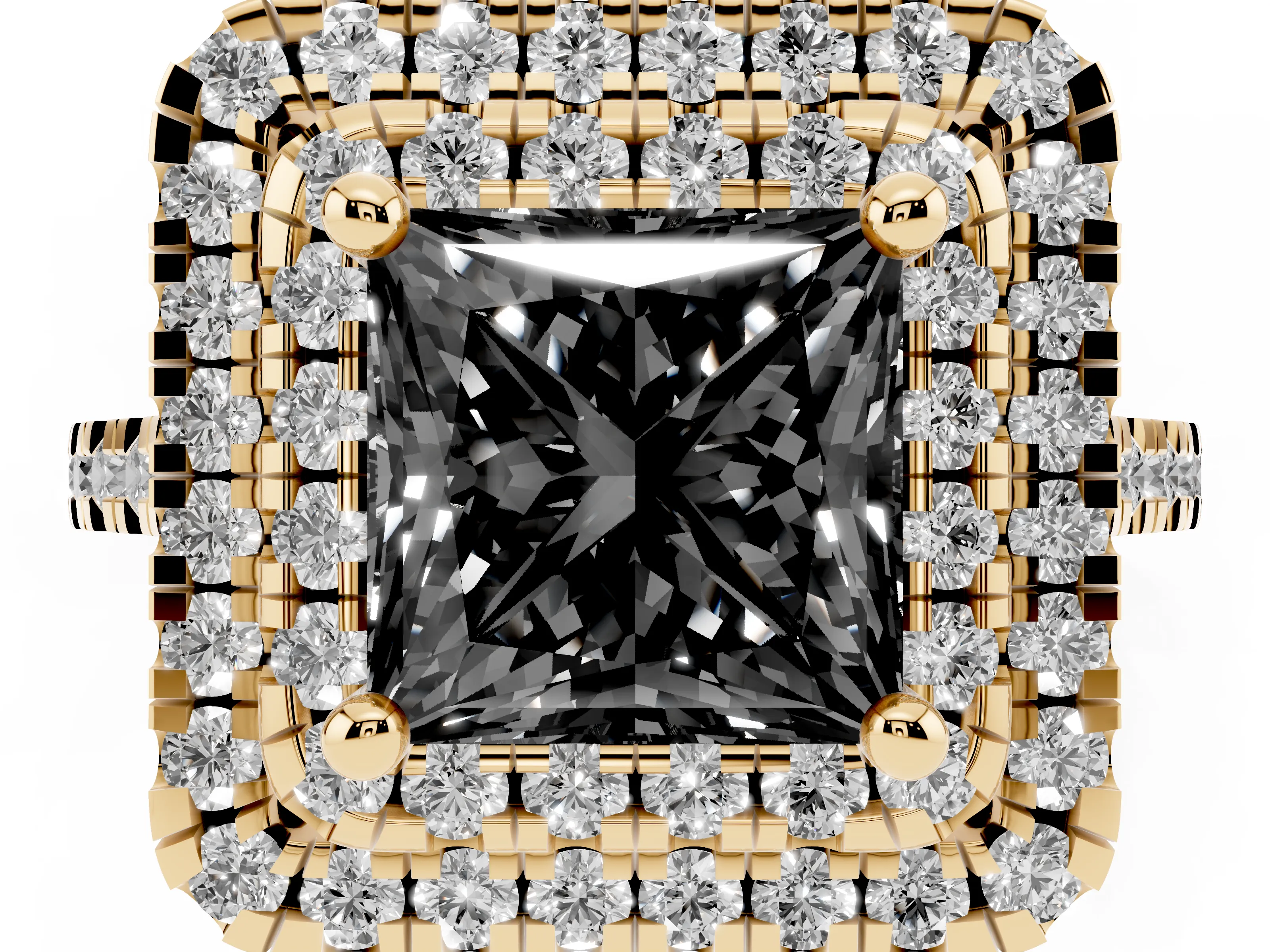 Fancy Black Princess Cut Diamond Double Halo Statement Ring Set in Yellow gold with Pavé Band