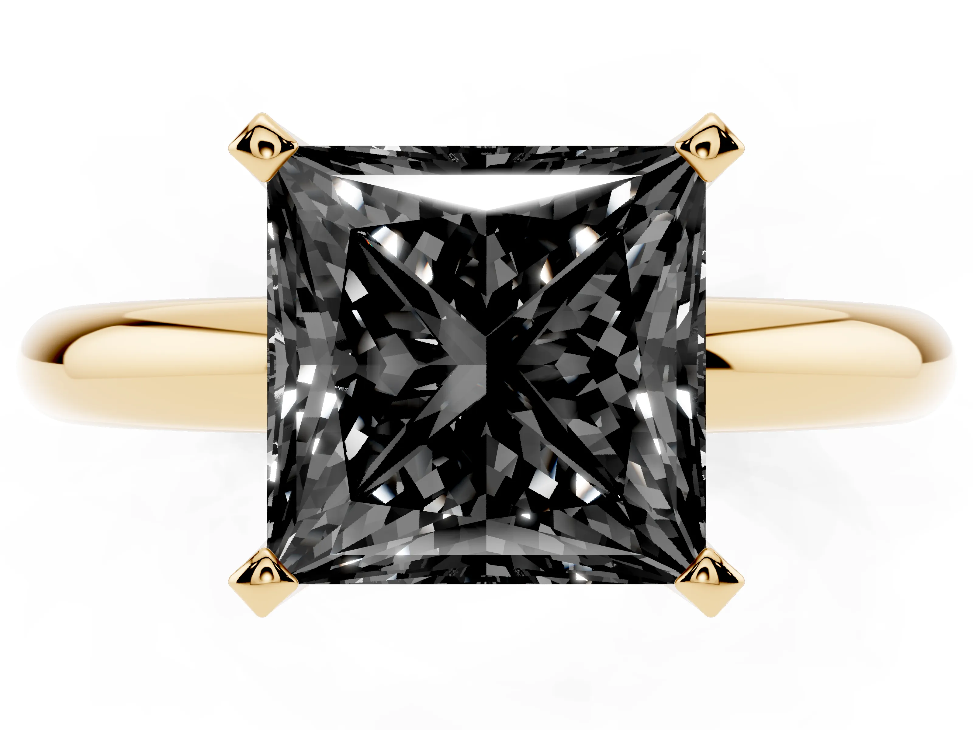 Fancy Black Princess Cut Diamond Solitaire Engagement Ring Set in Yellow gold with Round Band and Prong Setting
