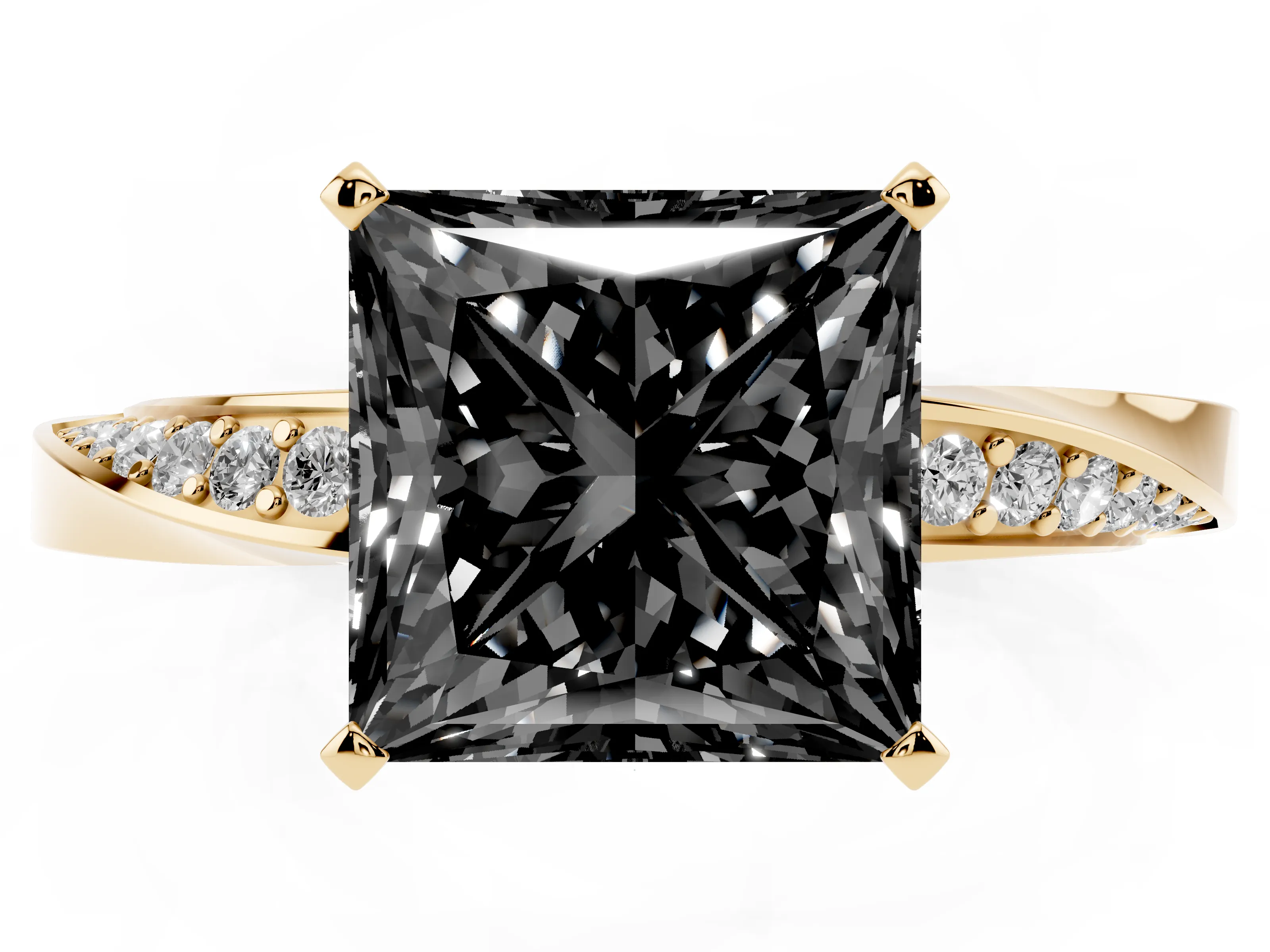 Fancy Black Princess Cut Diamond Engagement Ring Set in Yellow gold with Side Stone Accents and Prong Setting