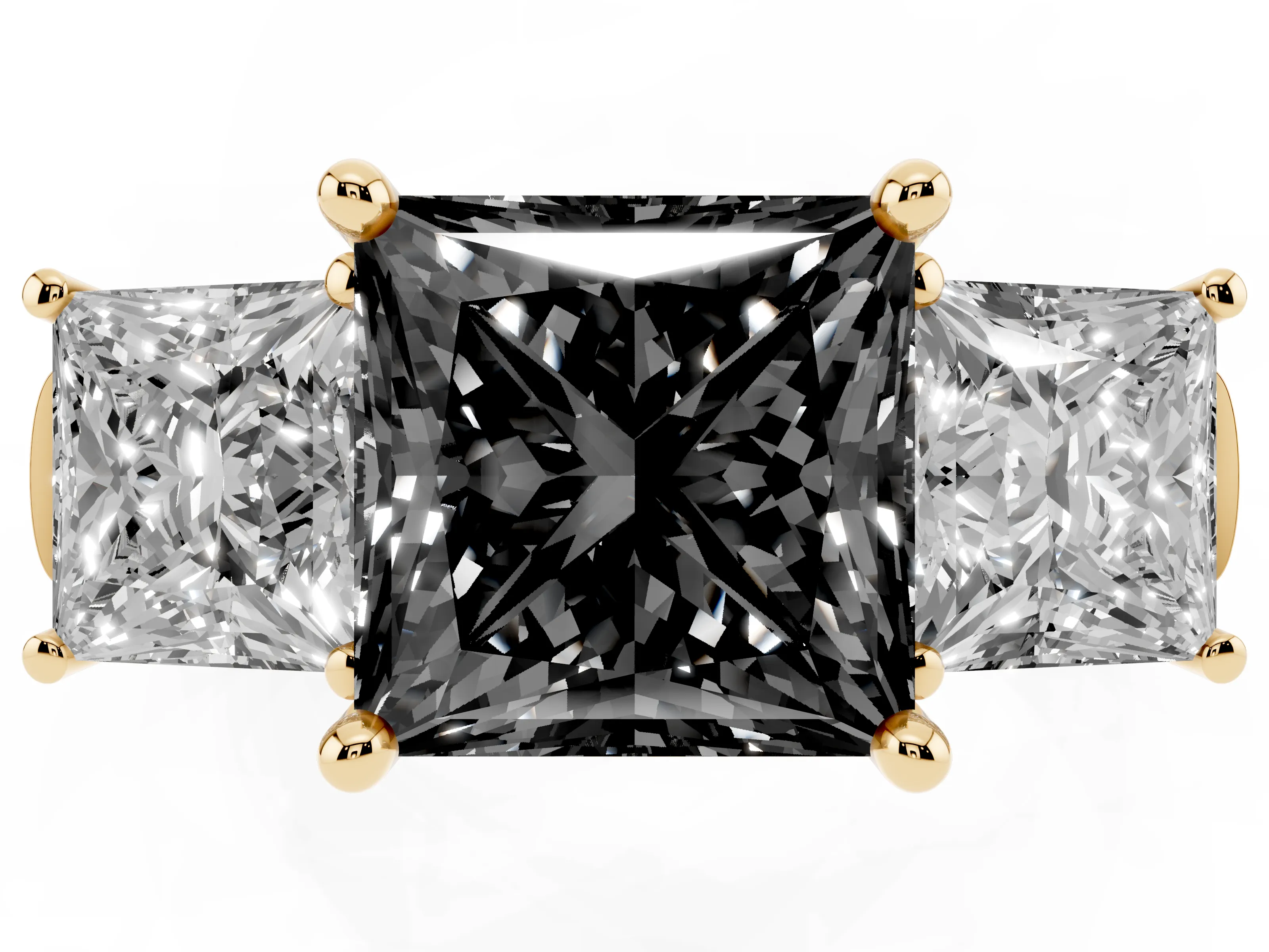 Fancy Black Princess Cut Diamond Three-Stone Trellis Ring Set in Yellow gold with Comfort Fit Band