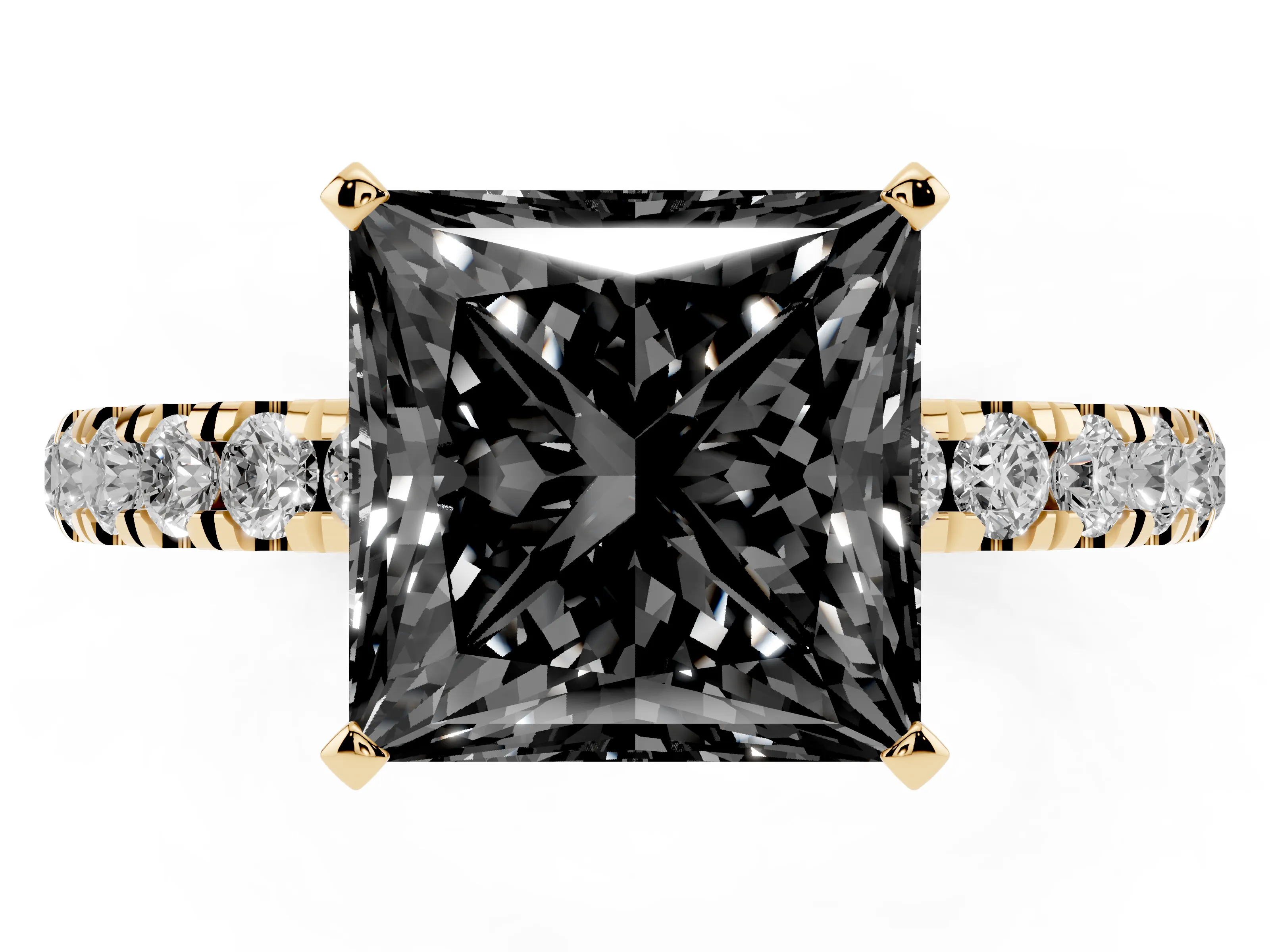 Fancy Black Princess Cut Diamond Solitaire Ring Set in Yellow gold with Pavé Accents and Prong Setting