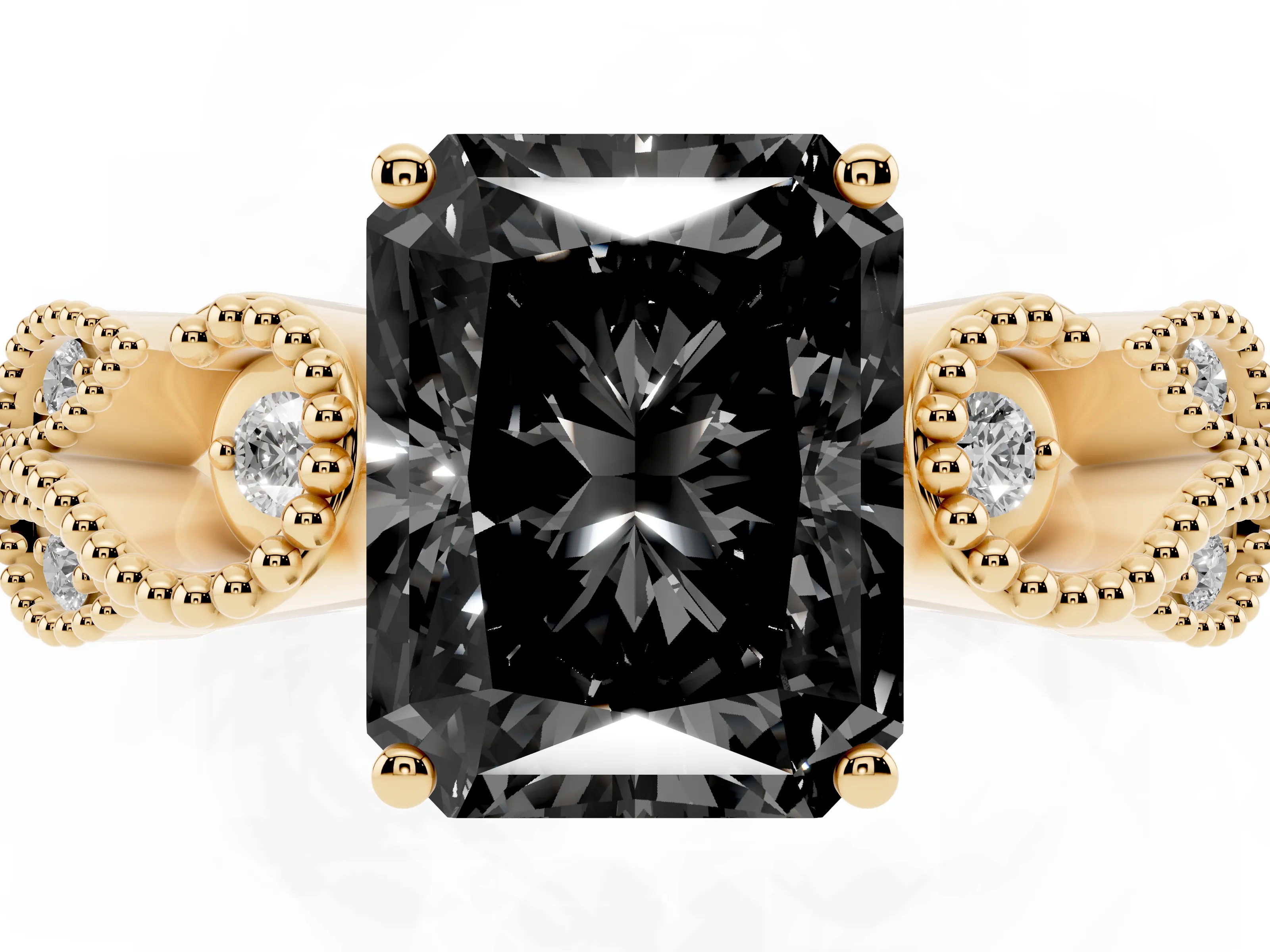 Fancy Black Princess Cut Diamond Milgrain Leaf Band Solitaire Ring Set in Yellow gold with Accent Stones and Prong Setting