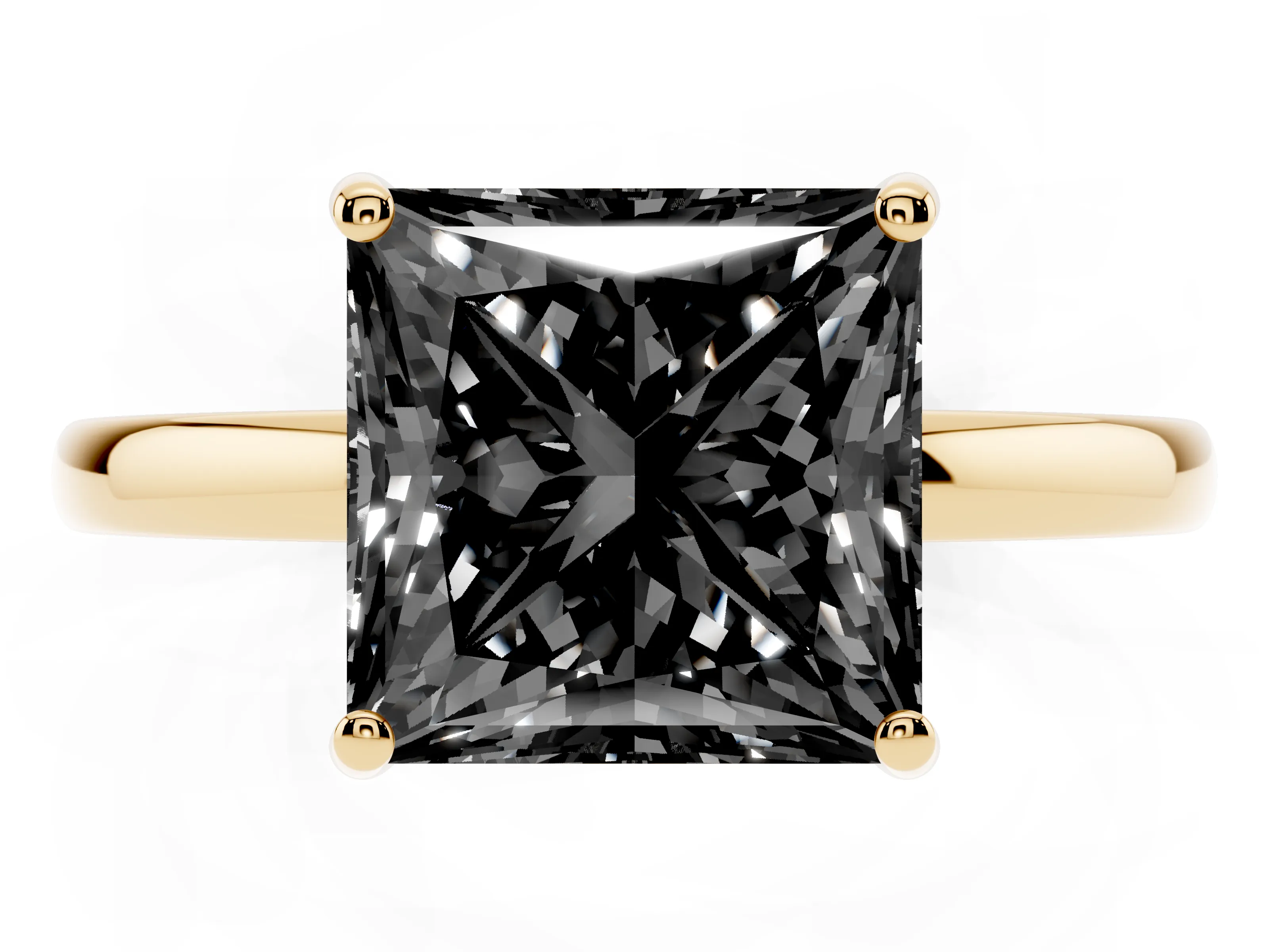 Fancy Black Princess Cut Diamond Solitaire Ring Set in Yellow gold with Plain Band and Prong Setting