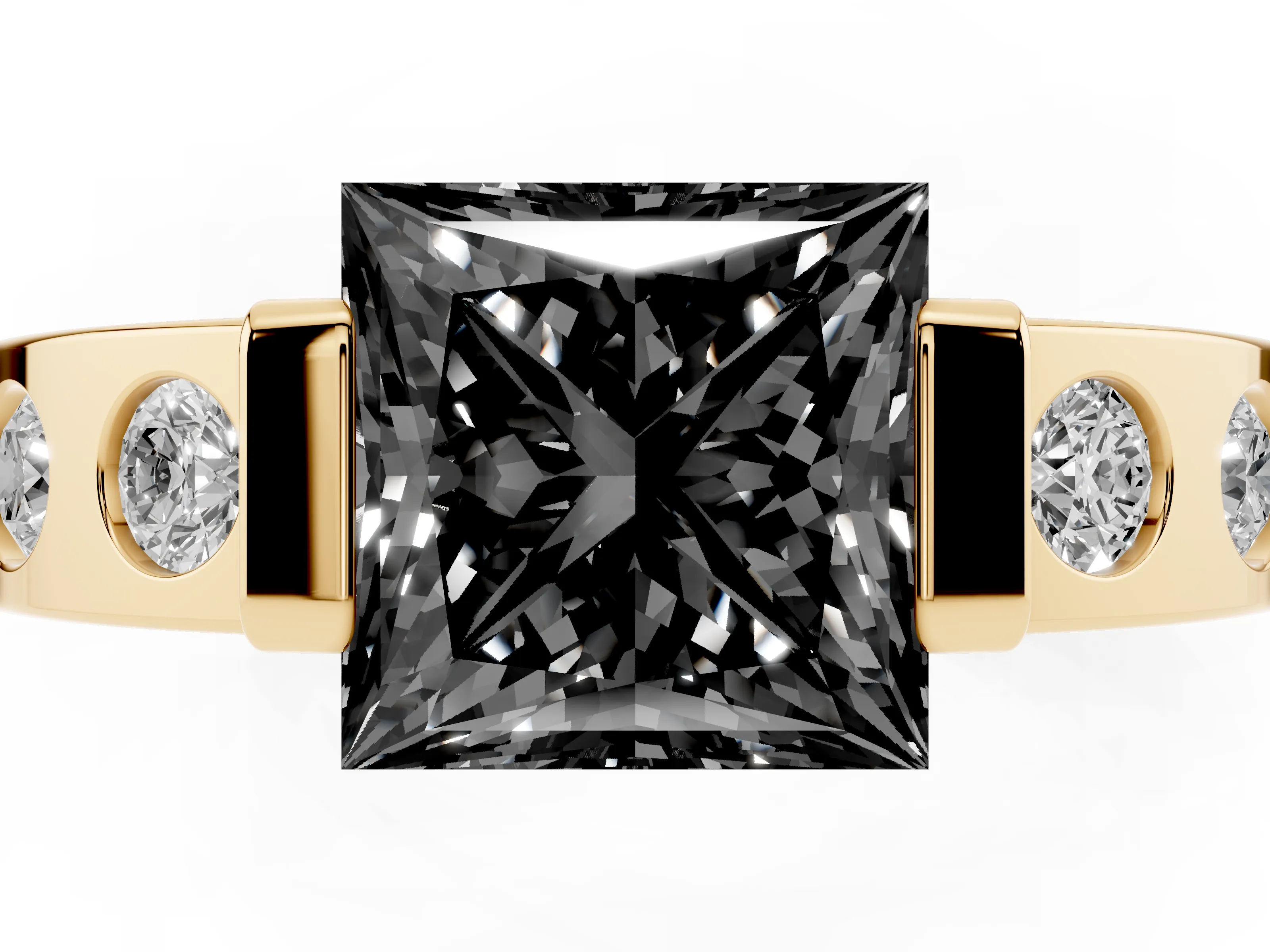 Fancy Black Princess Cut Diamond Channel-Set Band Ring Set in Yellow gold with Bezel Prong Setting