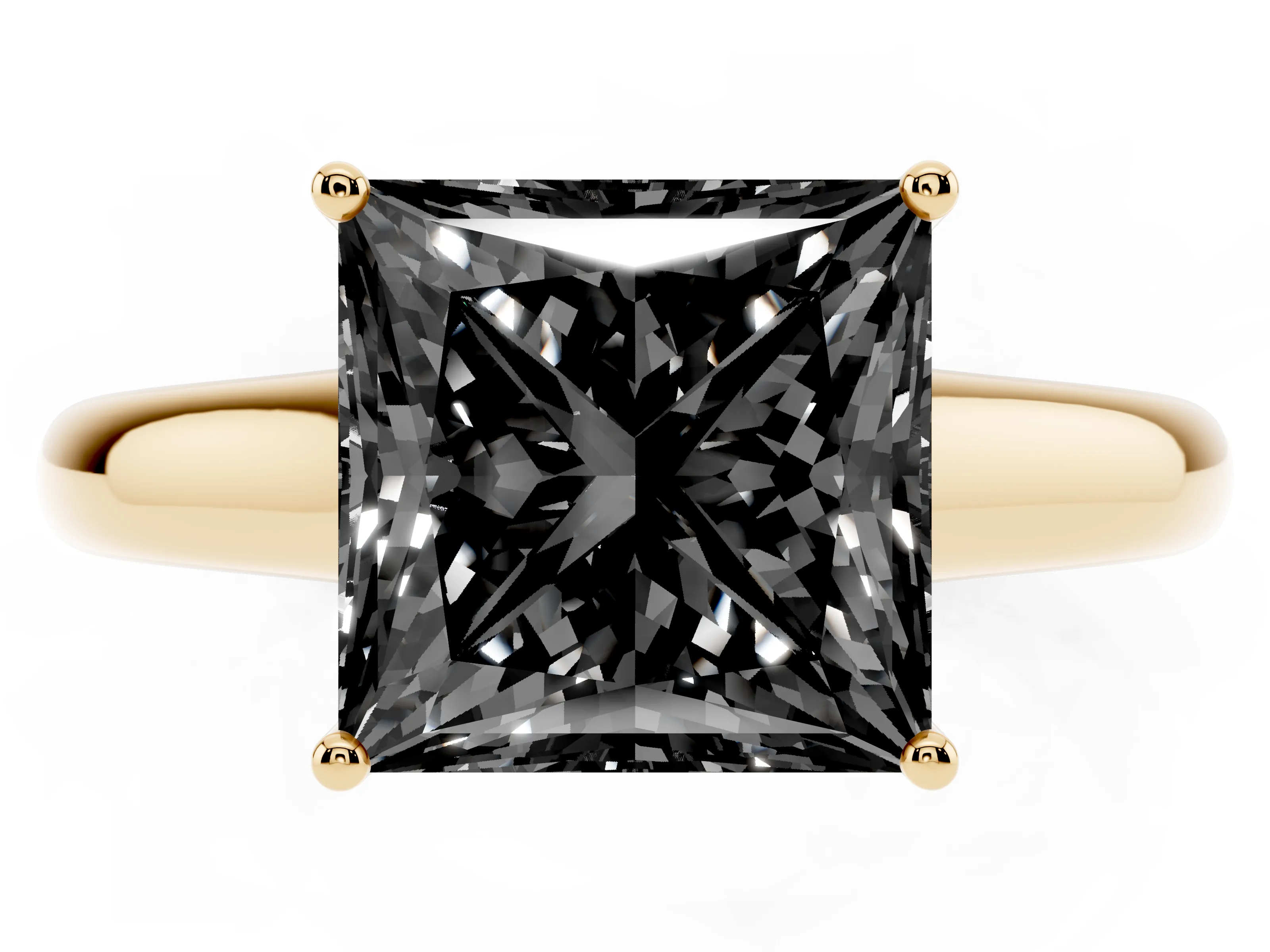 Fancy Black Princess Cut Diamond Solitaire Engagement Ring Set in Yellow gold with Subtly Tapered Band and Prong Setting