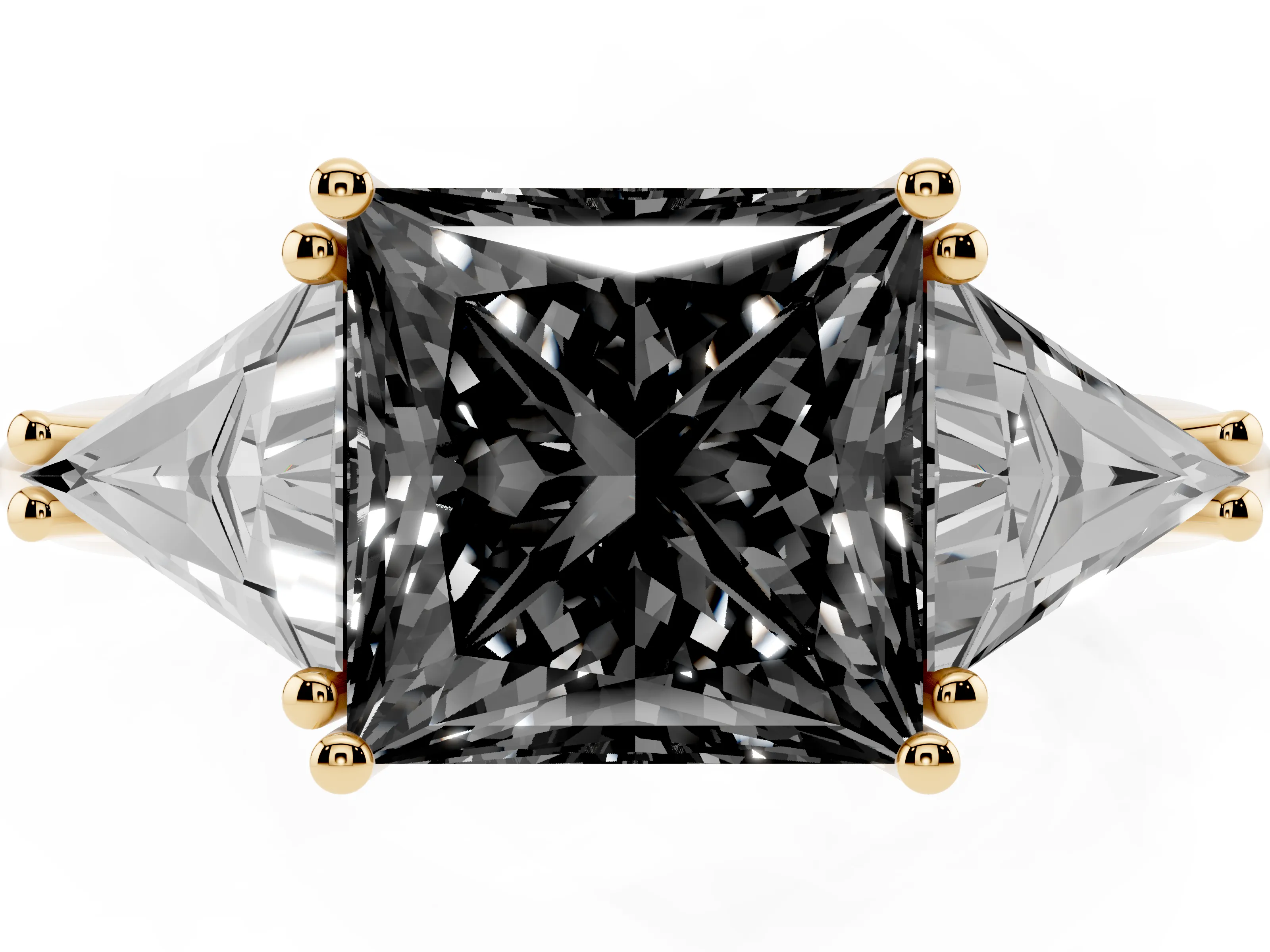 Fancy Black Princess Cut Diamond Three-Stone Engagement Ring Set in Yellow gold with Trillion Side Stones
