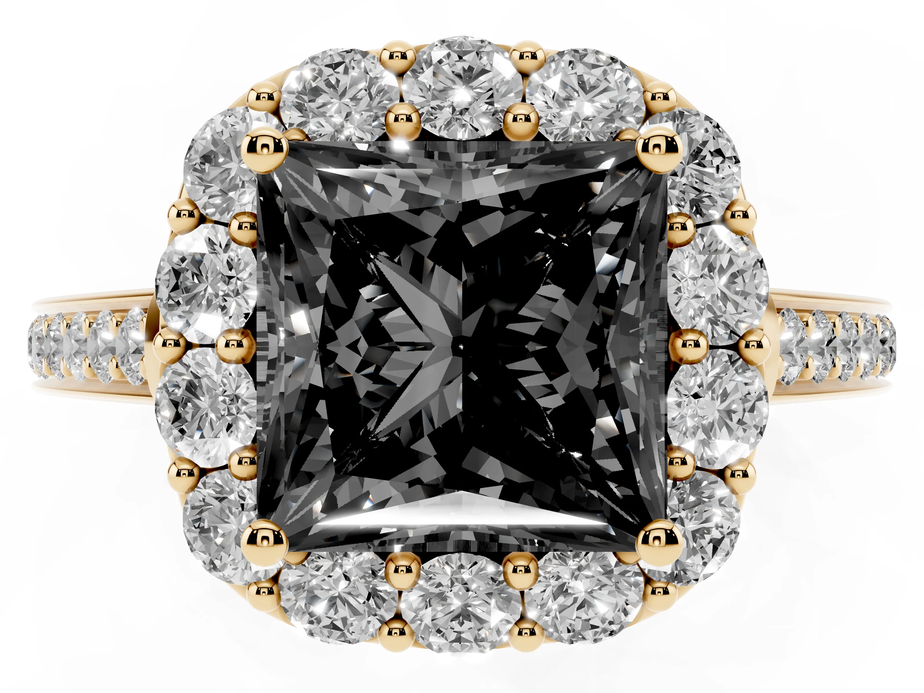 Fancy Black Princess Cut Diamond Floral Halo Ring Set in Yellow gold with Pavé Band and Prong Setting
