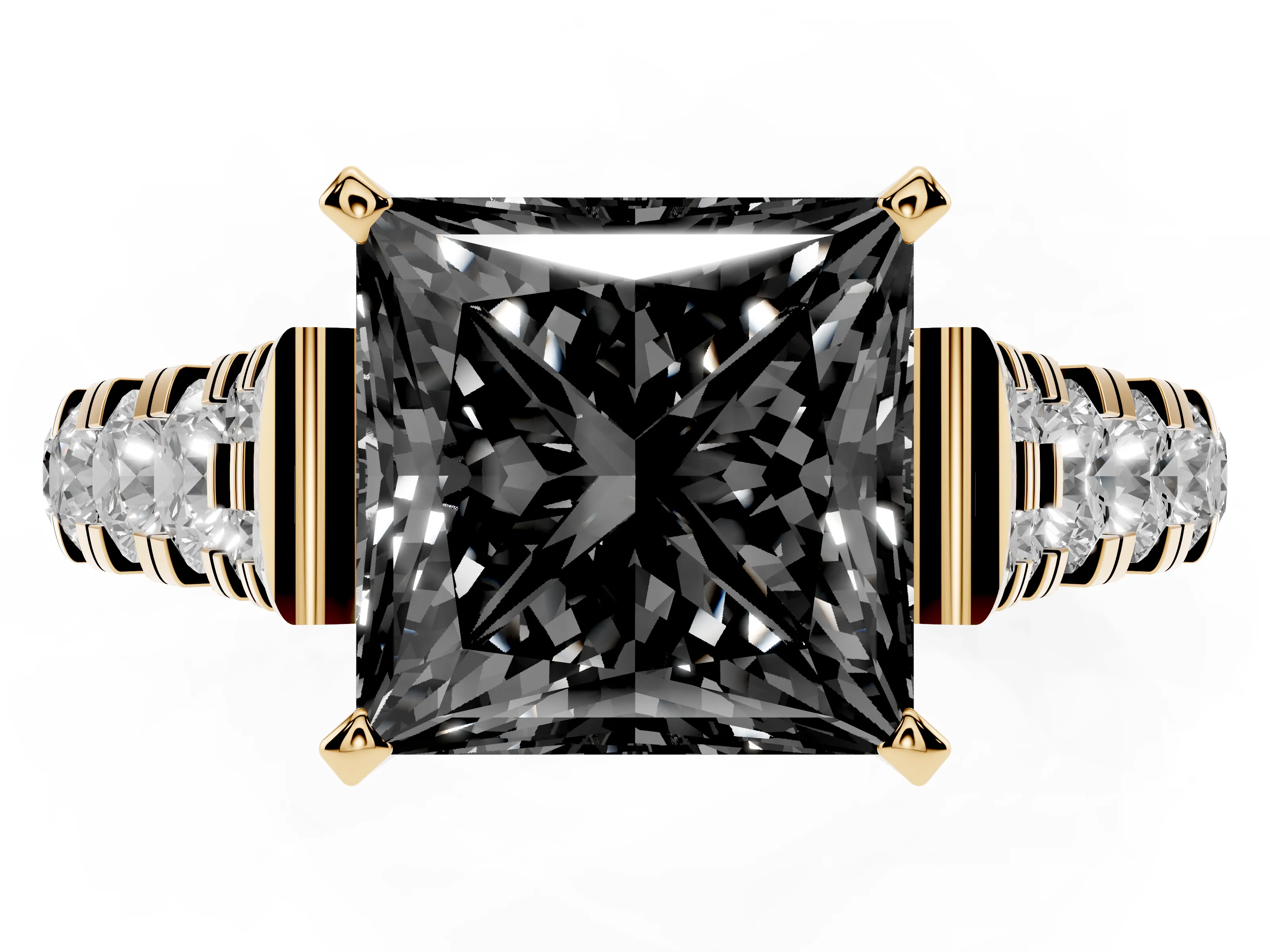 Fancy Black Princess Cut Diamond Classic Solitaire Ring Set in Yellow gold with Pavé Band and Prong Setting