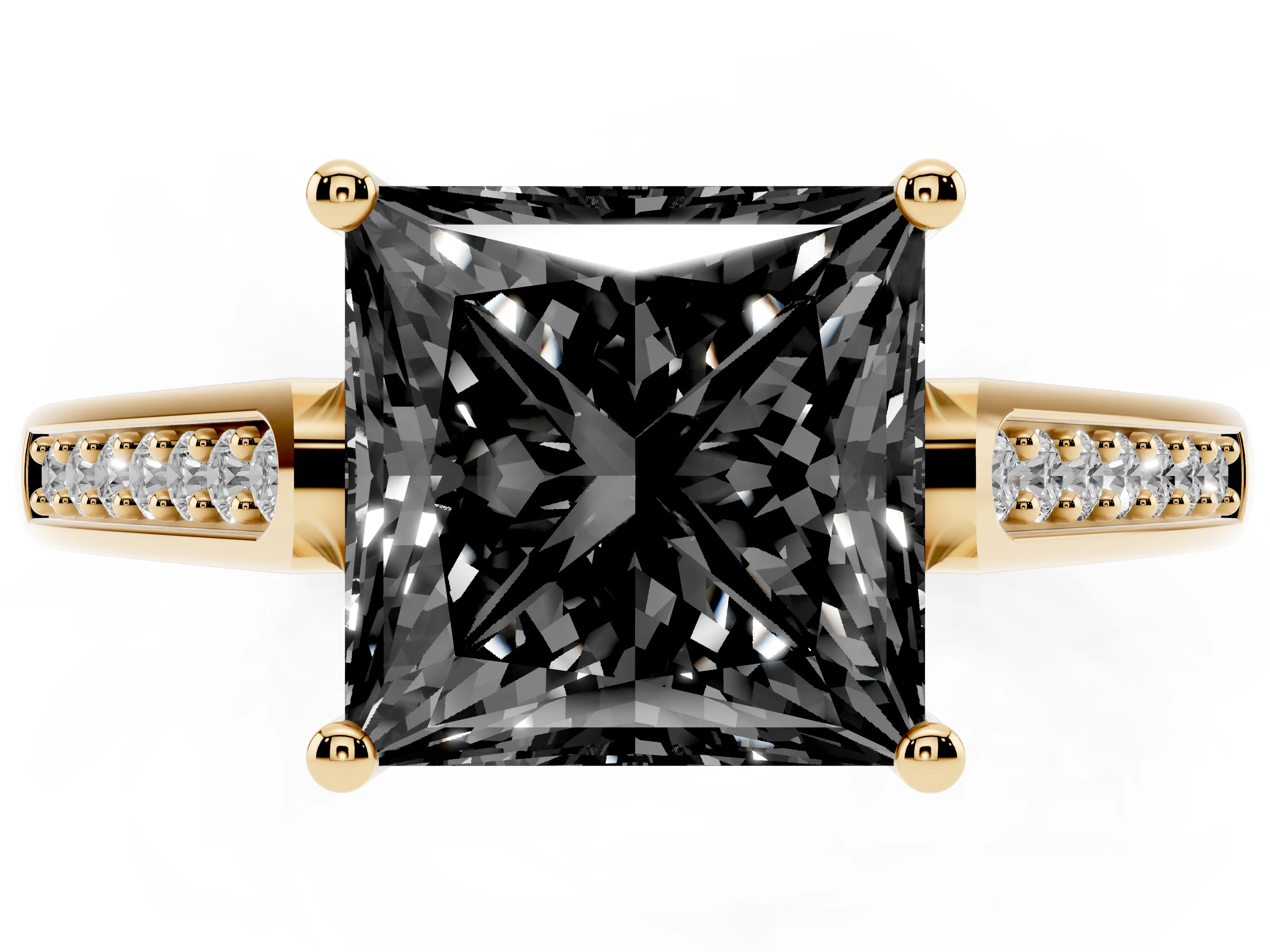 Fancy Black Princess Cut Diamond Solitaire Cathedral Engagement Ring Set in Yellow gold with Channel-Set Band and Prong Setting