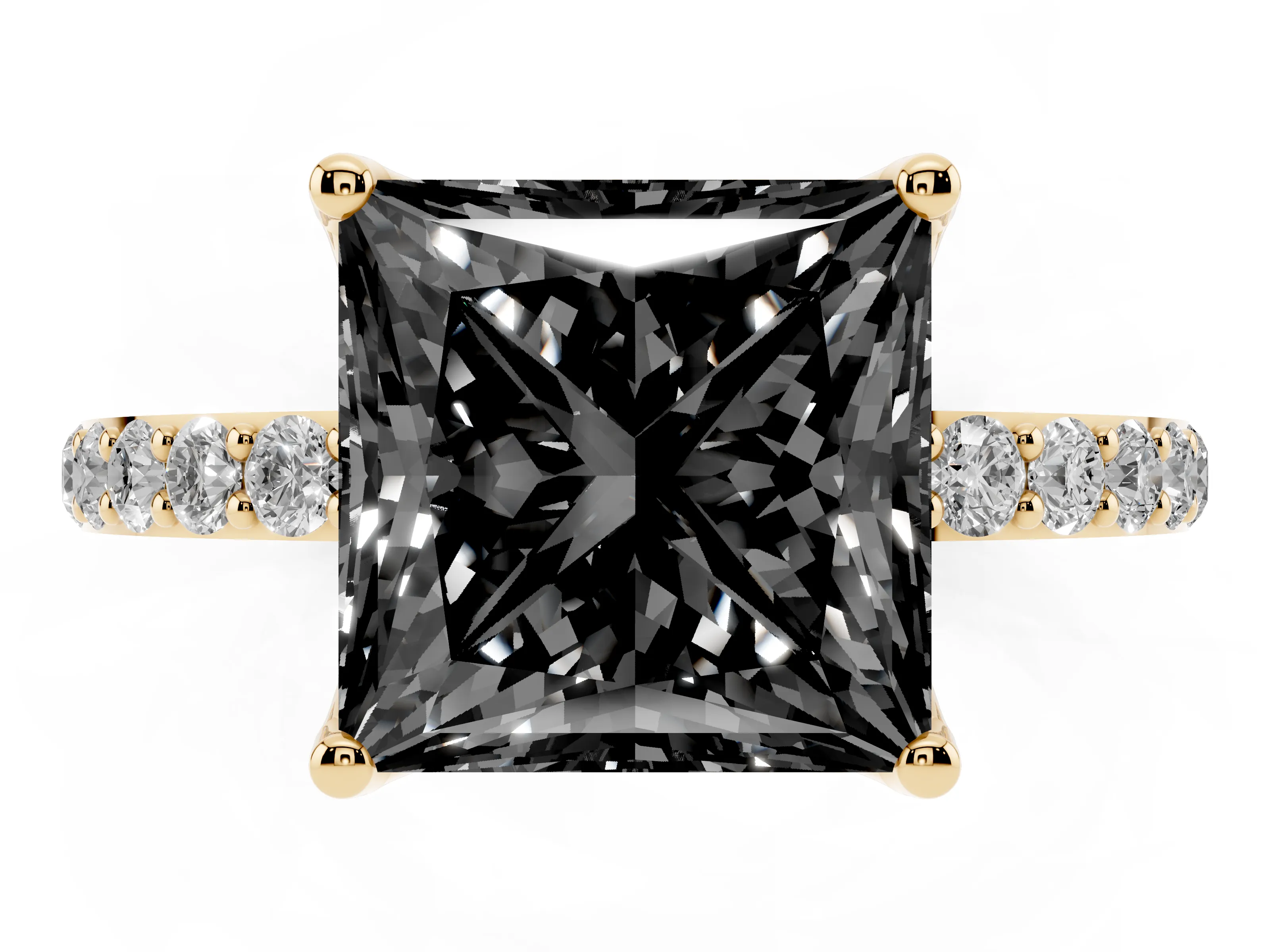 Fancy Black Princess Cut Diamond Solitaire Engagement Ring Set in Yellow gold with Round Pavé Band and Prong Setting