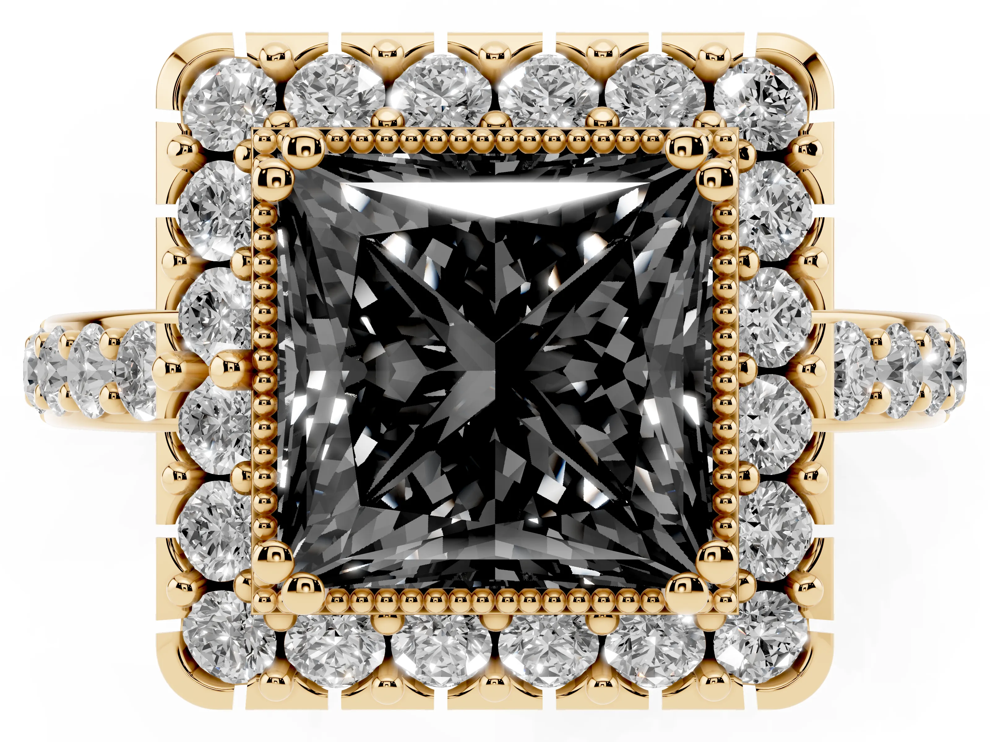 Fancy Black Princess Cut Diamond Halo Ring Set in Yellow gold with Pavé Shank and Prong Setting