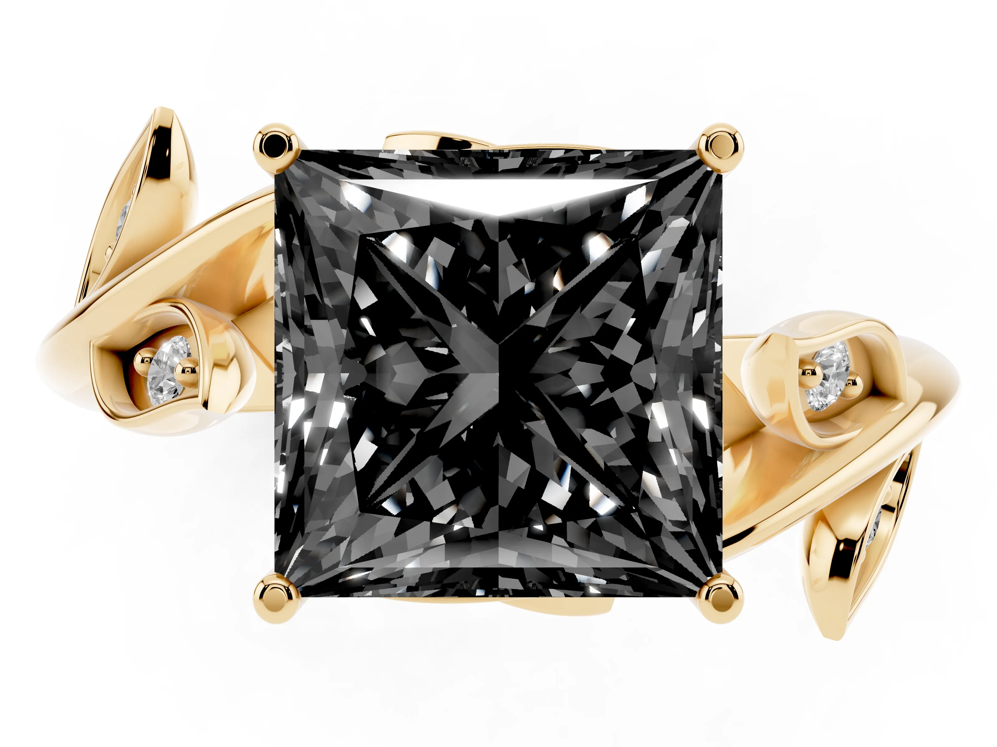 Fancy Black Princess Cut Diamond Solitaire Twist Engagement Ring Set in Yellow gold with Pavé Leaf Accents