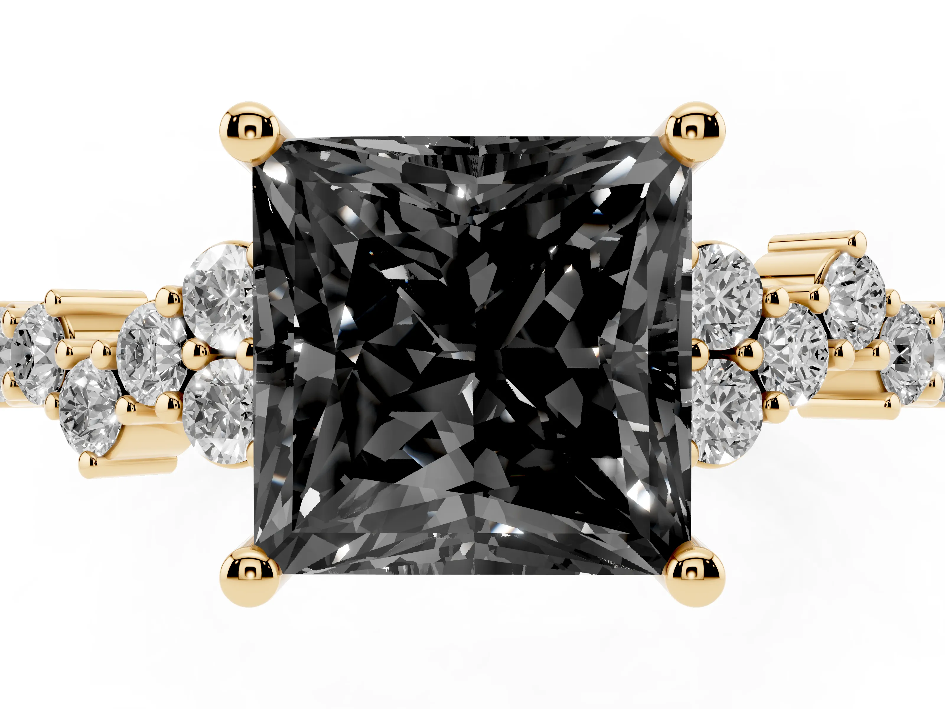 Fancy Black Princess Cut Diamond Ring Set in Yellow gold with Scattered Round Accents