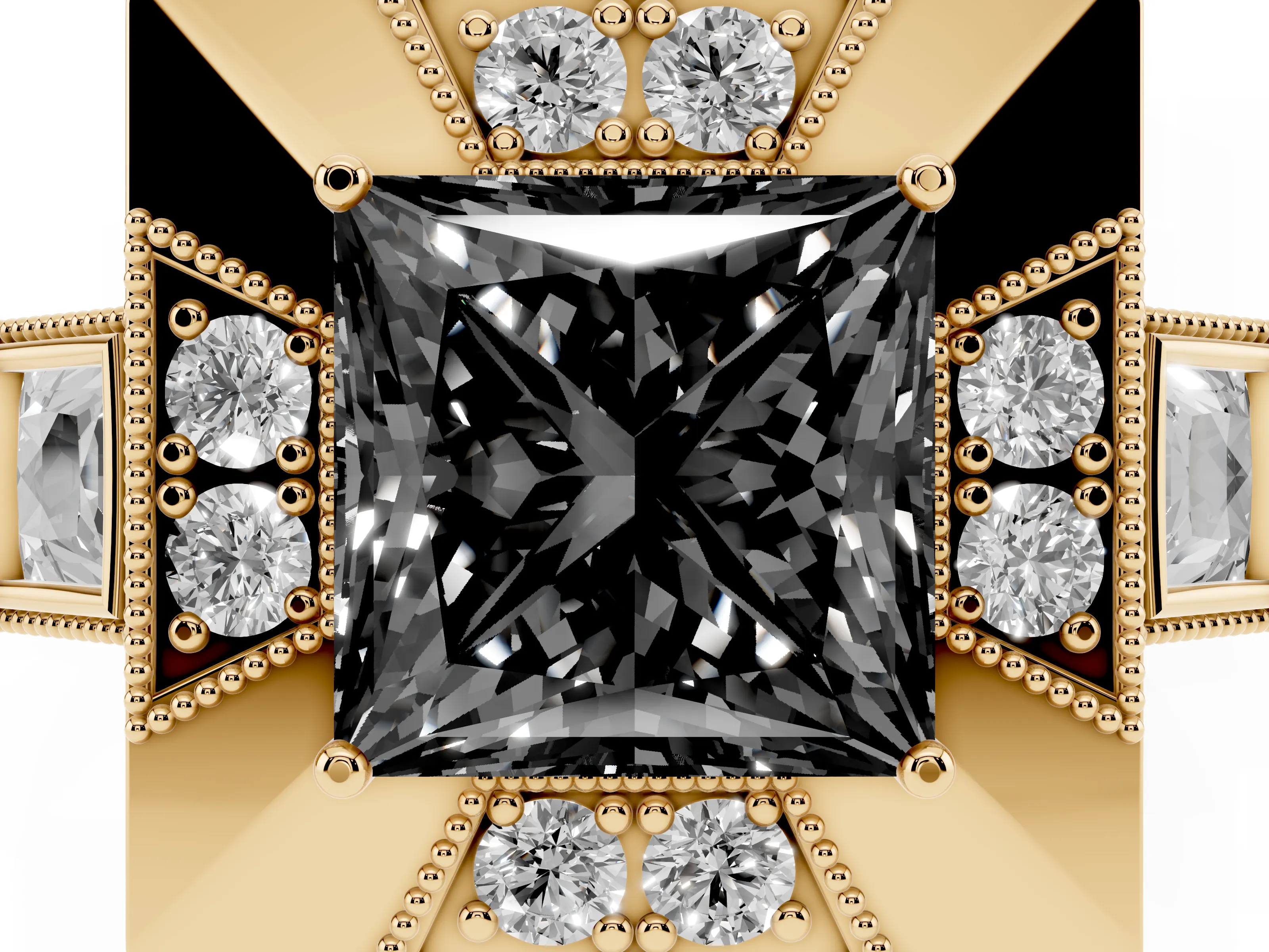 Fancy Black Princess Cut Diamond Milgrain Halo Ring Set in Yellow gold with Split Shank