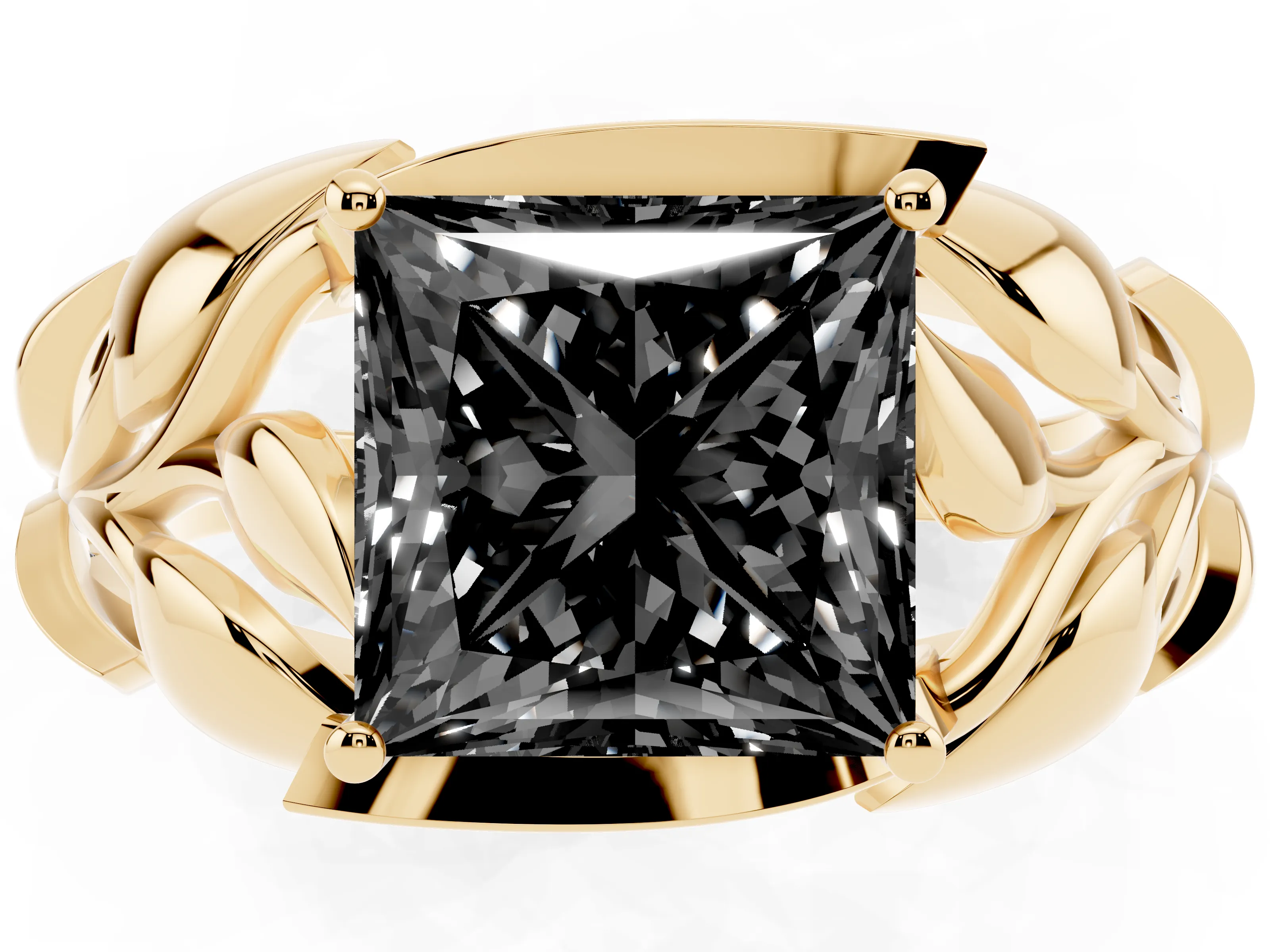 Fancy Black Princess Cut Diamond Leaf-Inspired Engagement Ring Set in Yellow gold with Round Accents
