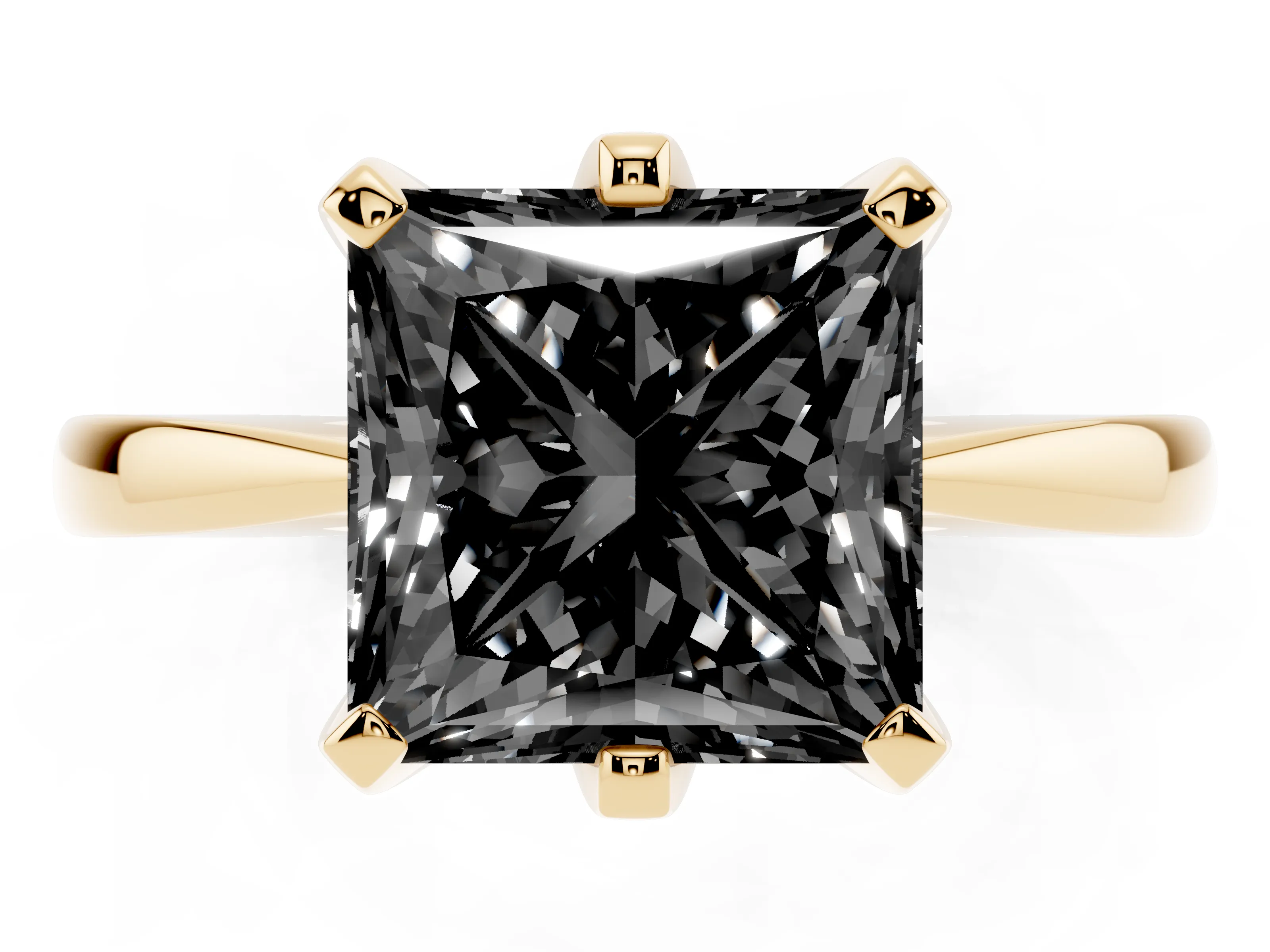 Fancy Black Princess Cut Diamond Solitaire Engagement Ring Set in Yellow gold with Slim Tapered Solitaire Band