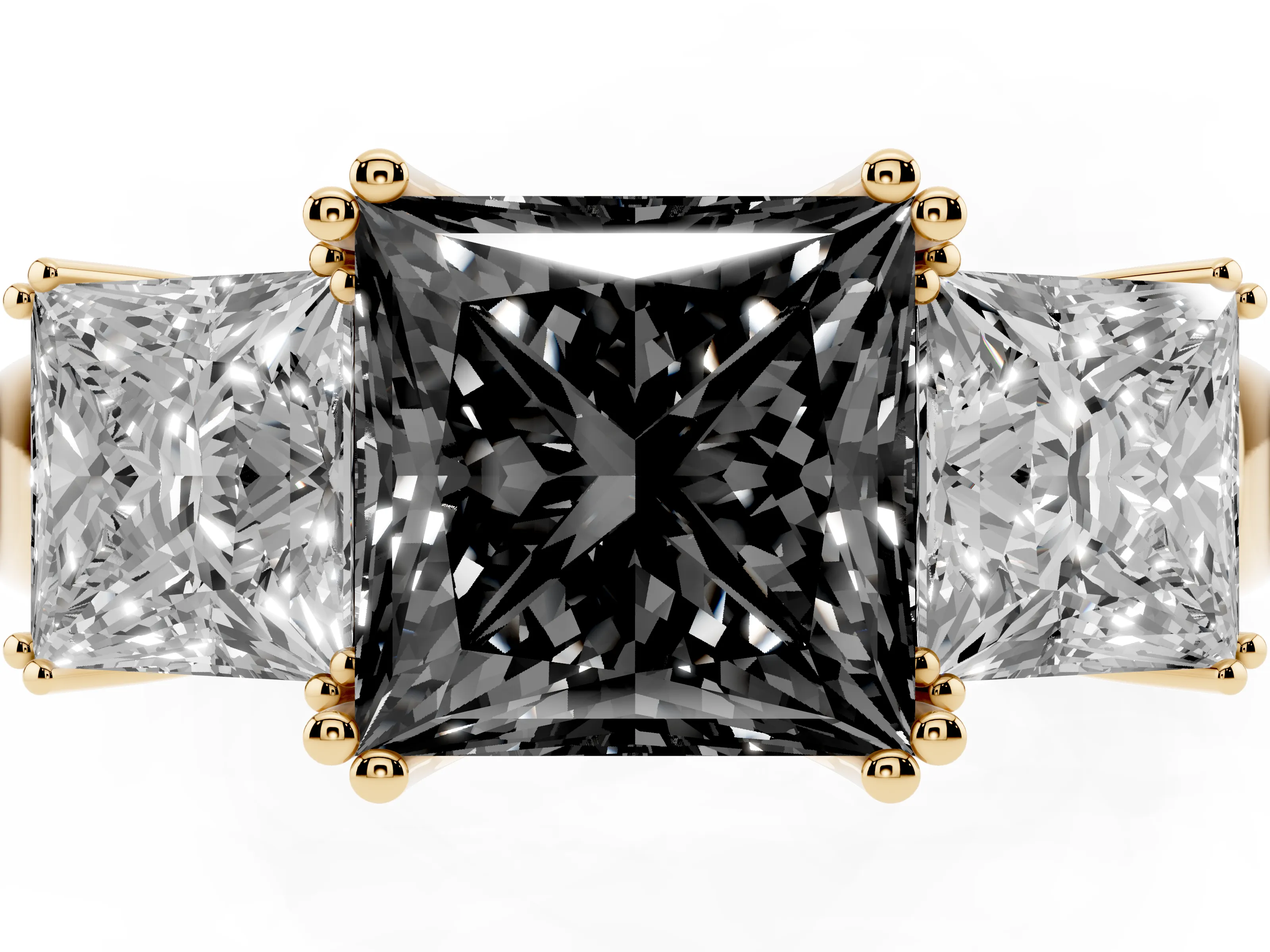 Fancy Black Princess Cut Diamond Three-Stone Ring Set in Yellow gold with Polished Channel-Set Band