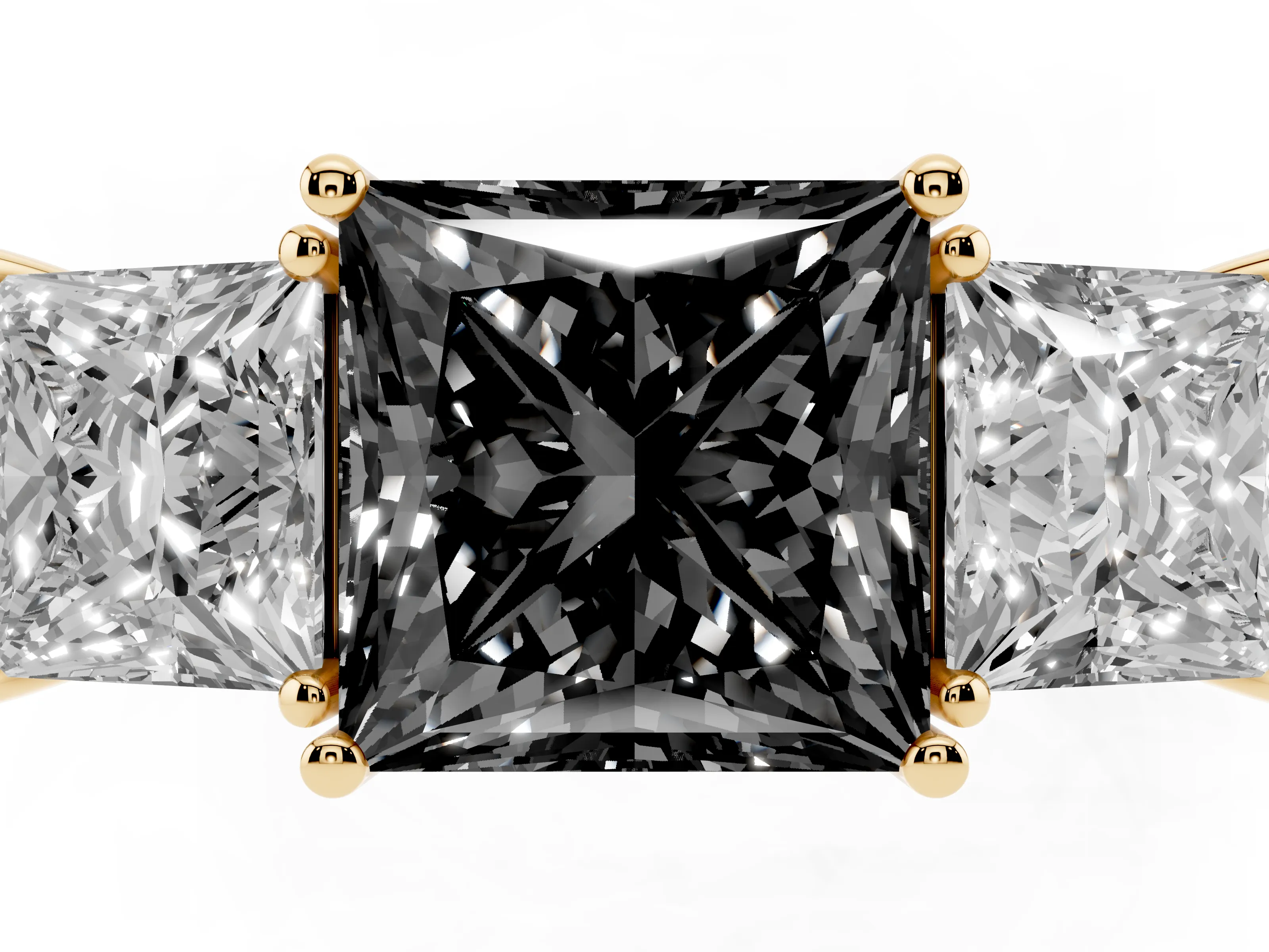 Fancy Black Princess Cut Diamond Three-Stone Engagement Ring Set in Yellow gold with Flat Band