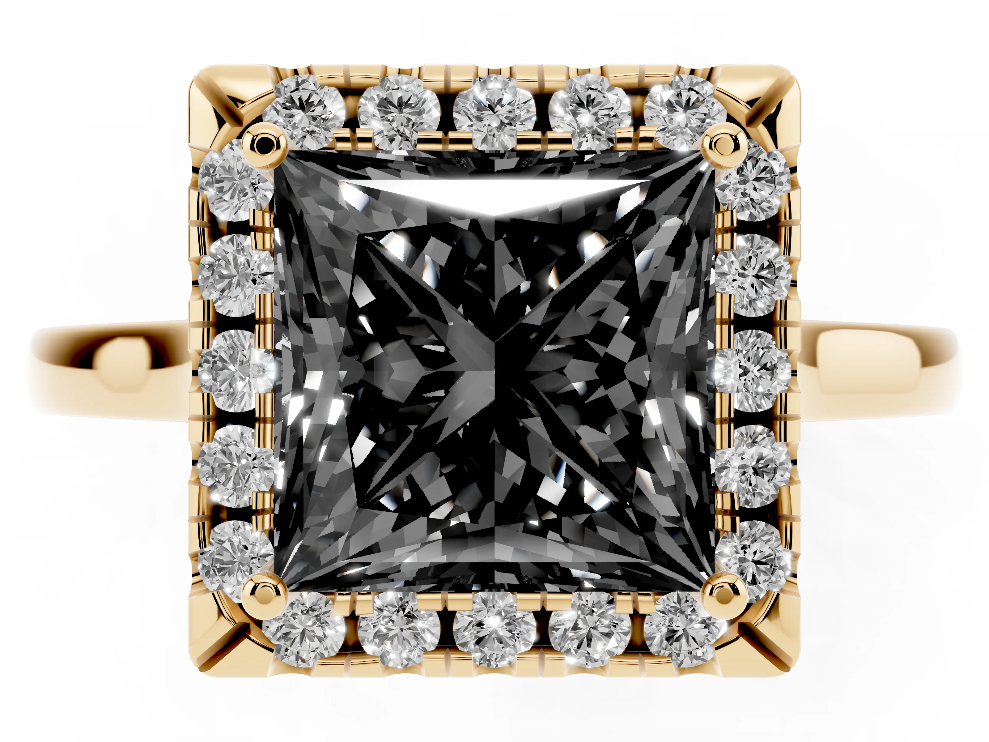 Fancy Black Princess Cut Halo Round Diamond Solitaire Ring Set in Yellow gold with Pavé Band and Prong Setting