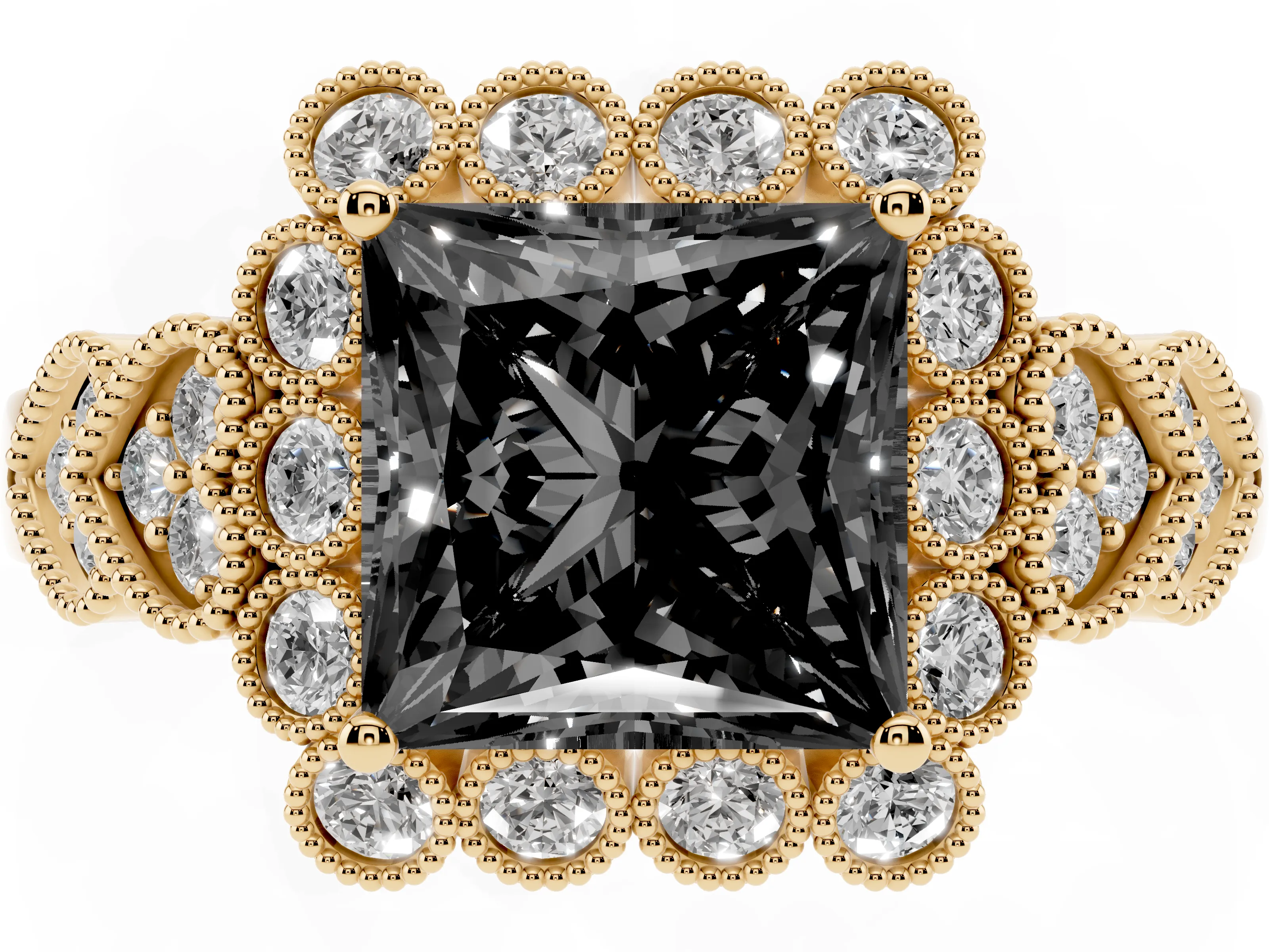 Fancy Black Princess Cut Diamond Solitaire Ring Set in Yellow gold with Milgrain Pavé Heart Band