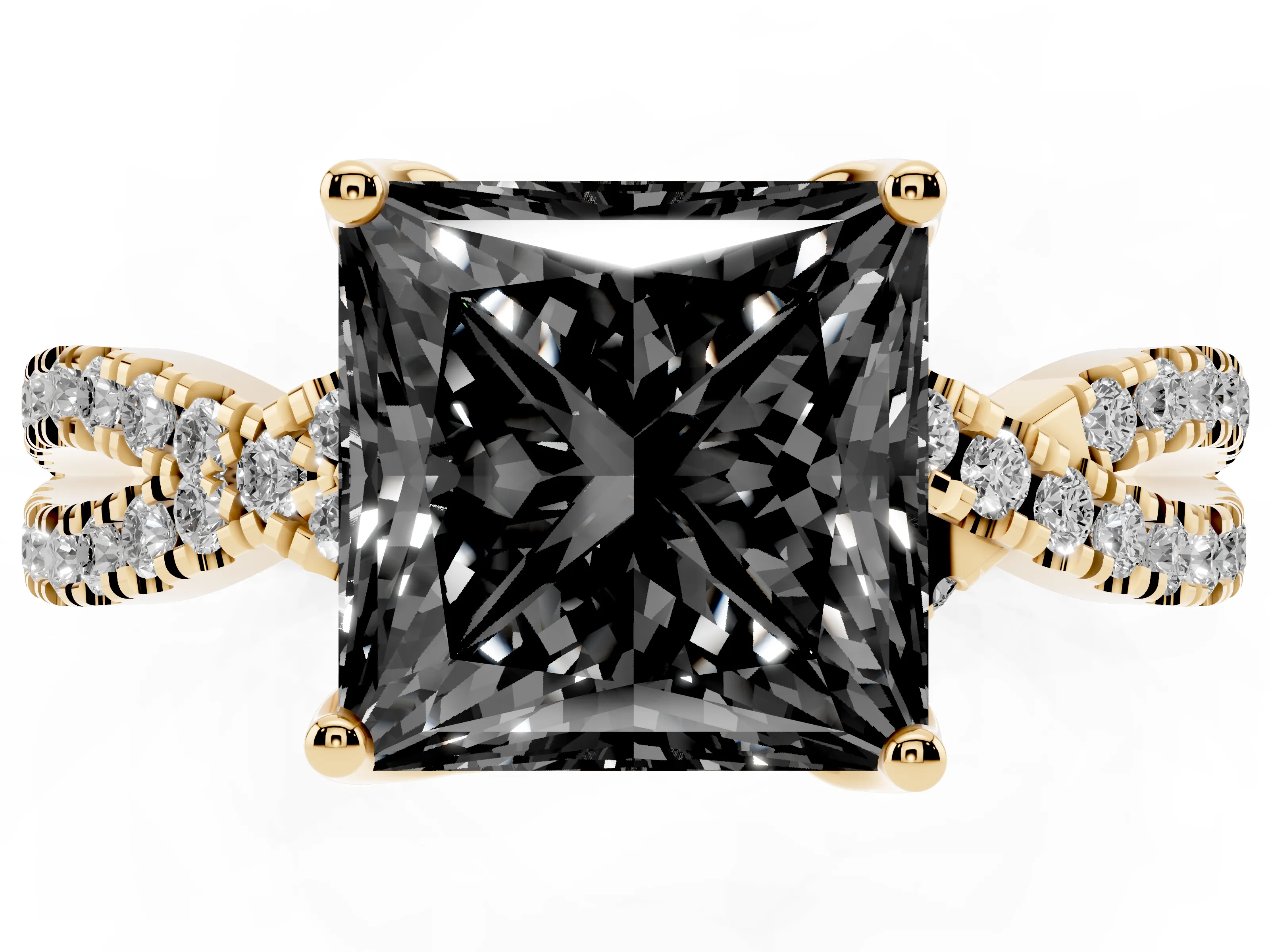 Fancy Black Princess Cut Diamond Twist Pavé Solitaire Engagement Ring Set in Yellow gold with Prong Setting