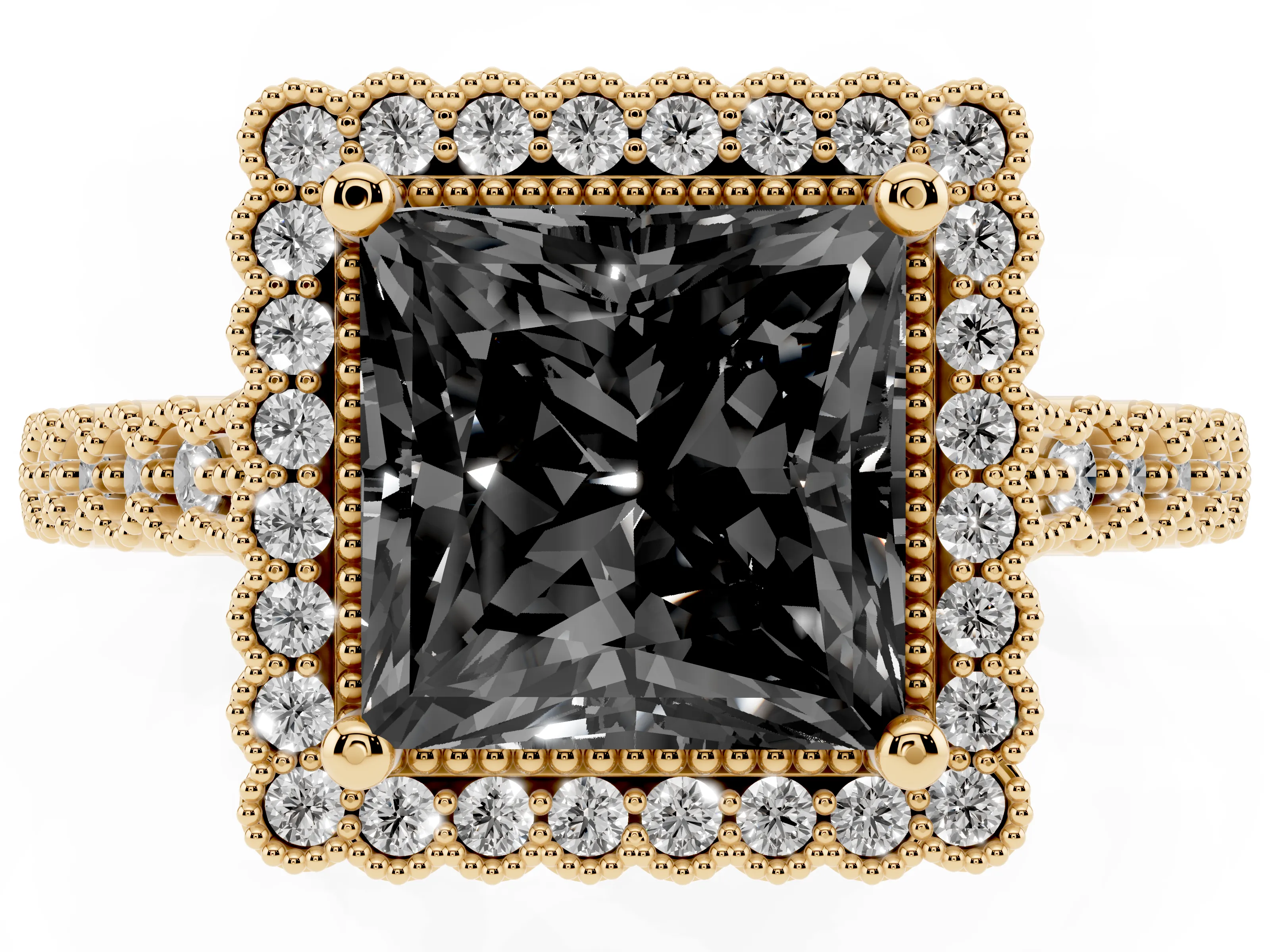Fancy Black Princess Cut Diamond Halo Ring Set in Yellow gold with Pavé Milgrain Band