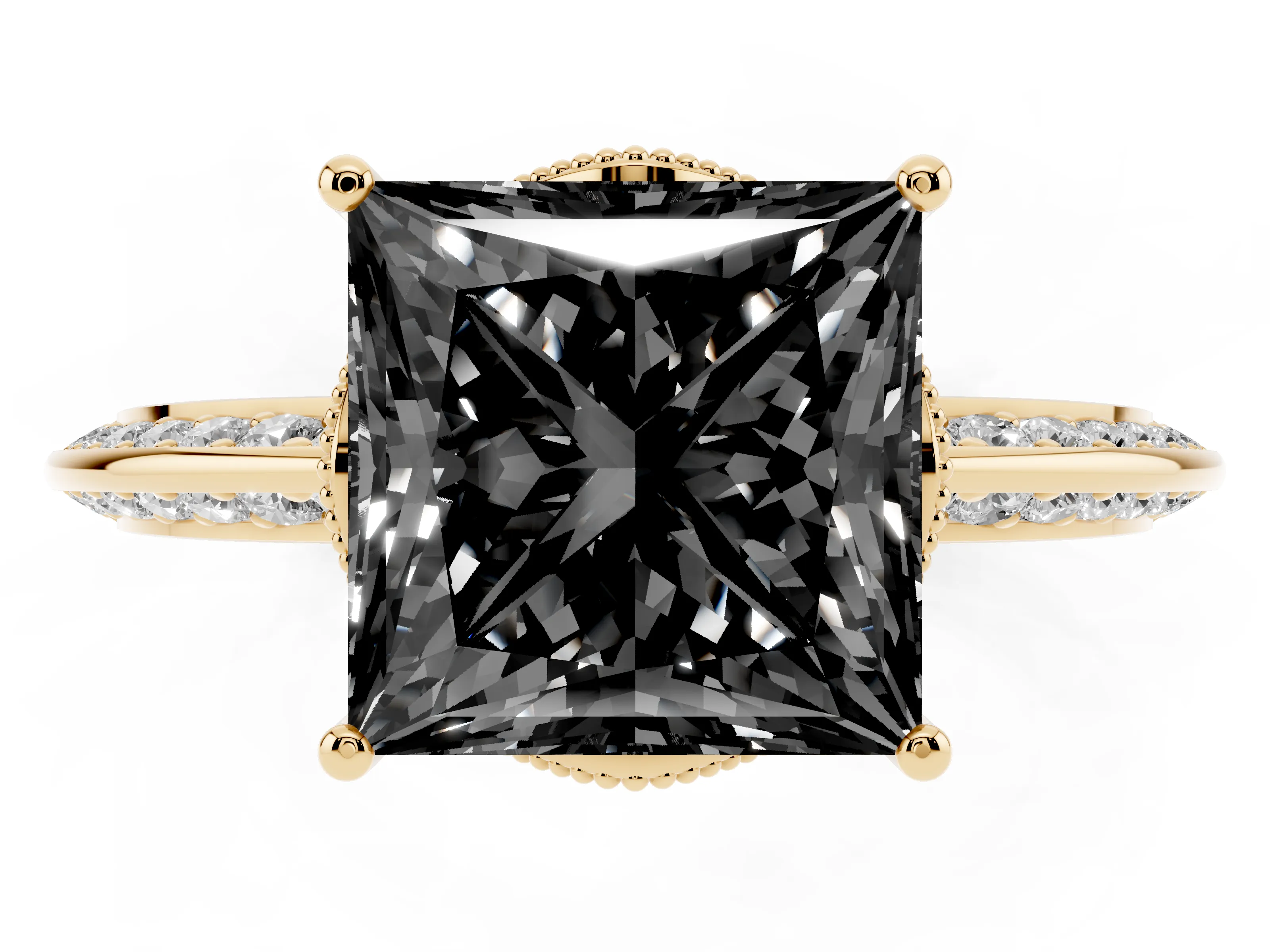 Fancy Black Princess Cut Diamond Solitaire Engagement Ring Set in Yellow gold with Pavé Split Shank and Prong Setting
