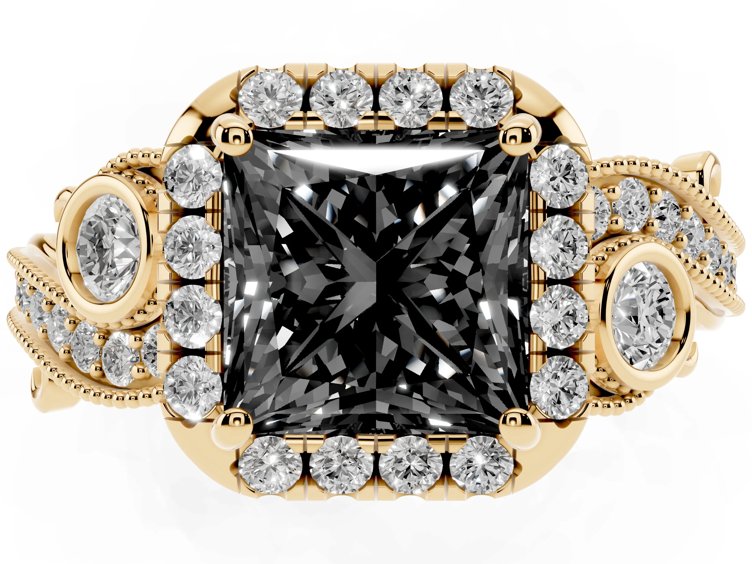 Fancy Black Princess Cut Diamond Halo Split Shank Ring Set in Yellow gold with Milgrain and Bezel Accents