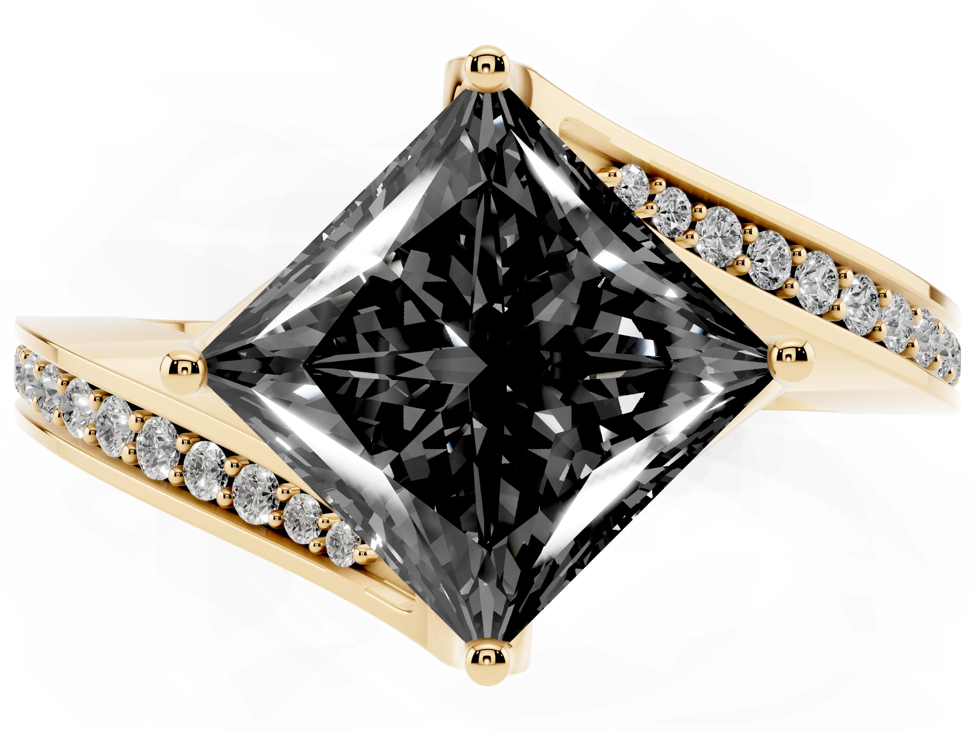 Fancy Black Princess Cut Diamond Solitaire Ring Set in Yellow gold with Intertwined Pavé Twist Band