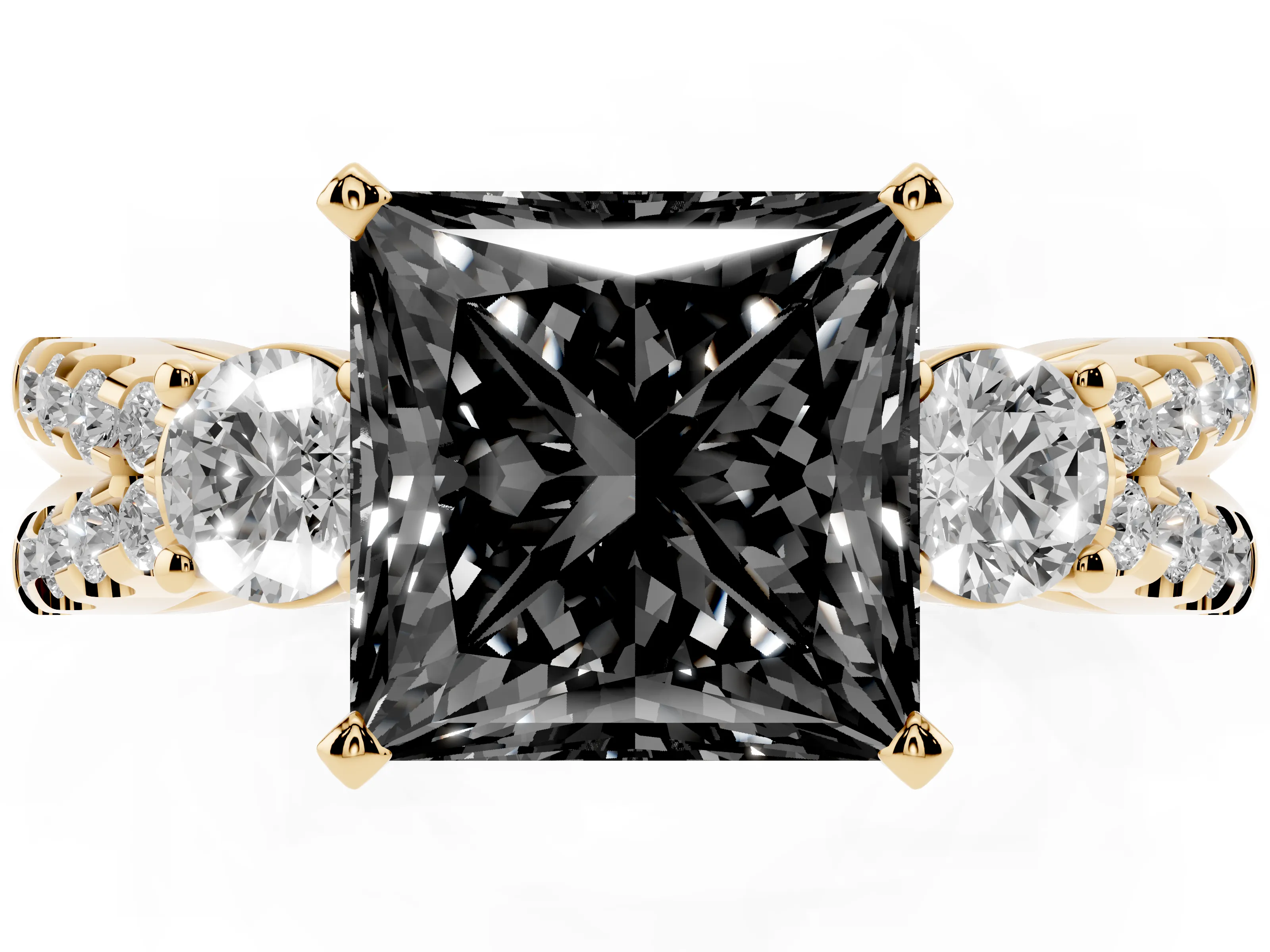 Fancy Black Princess Cut Diamond Three-Stone Ring Set in Yellow gold with Pavé Split Shank and Prong Setting