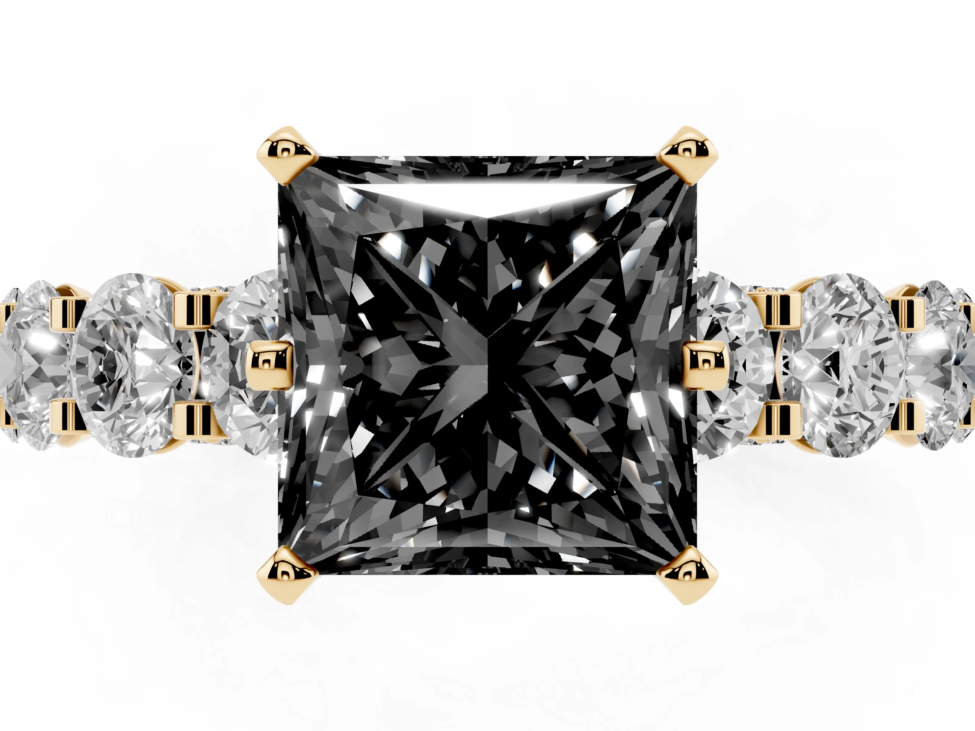 Fancy Black Princess Cut Diamond Side Stone Ring Set in Yellow gold with Alternating Round and Oval Side Stones