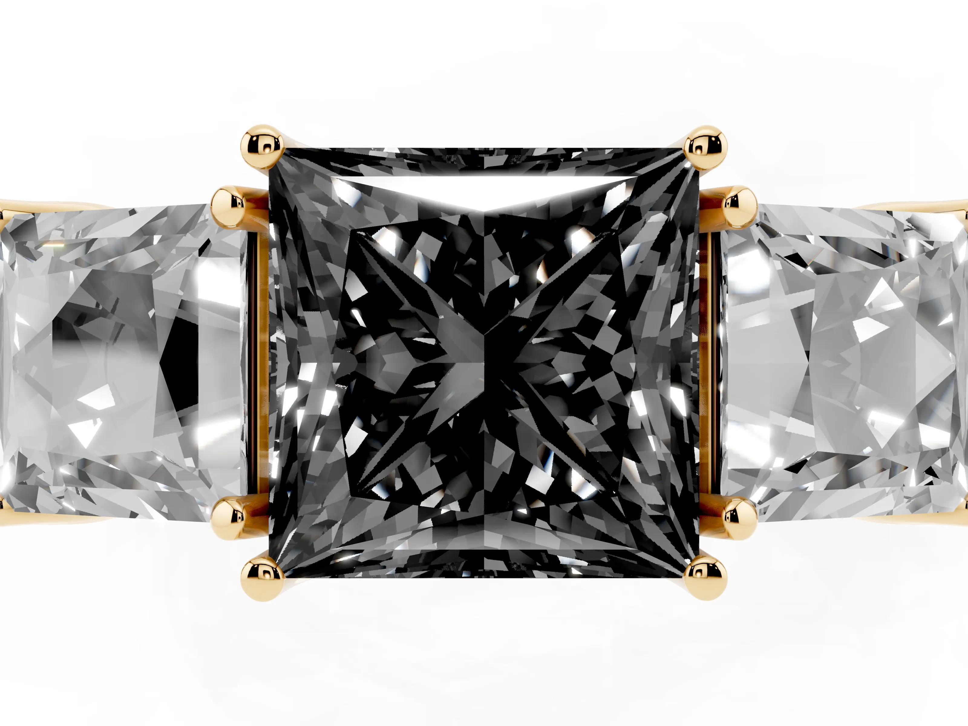 Fancy Black Princess Cut Diamond Three-Stone Engagement Ring Set in Yellow gold with Milgrain Pavé Band